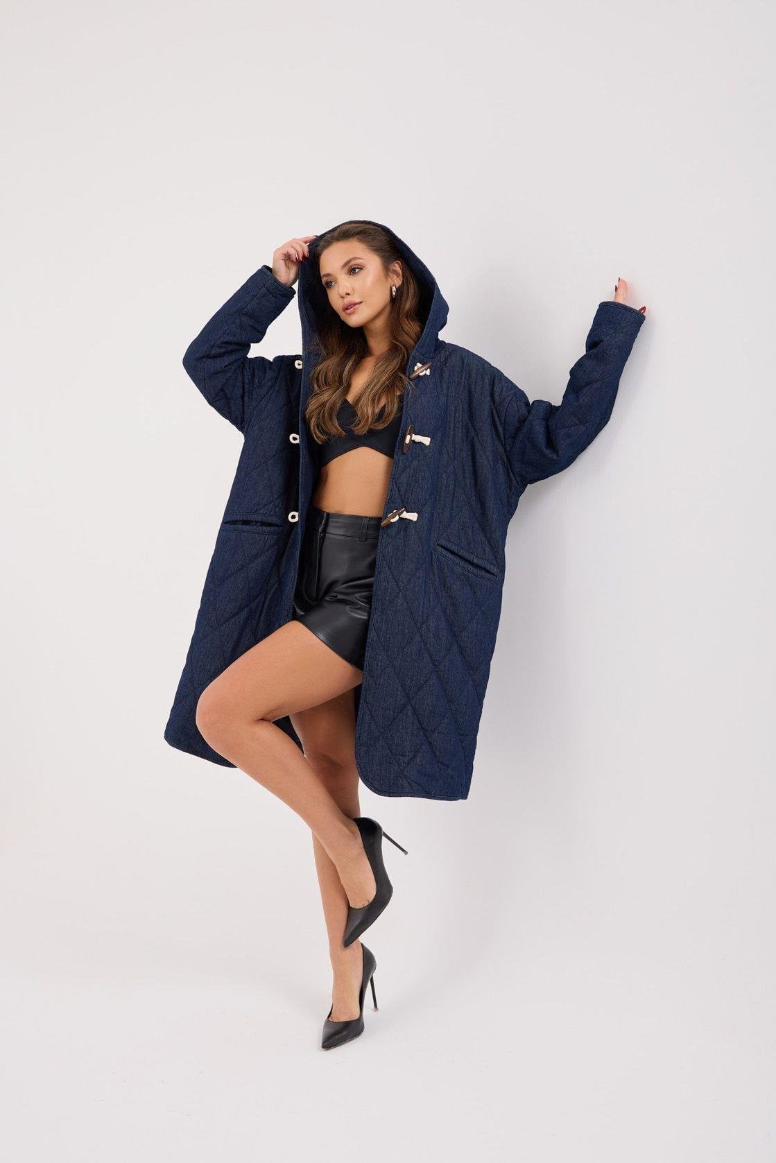 Women's Quilted Denim-Style Toggle Coat - Dark Blue - Fame - by Peralane - photo 3