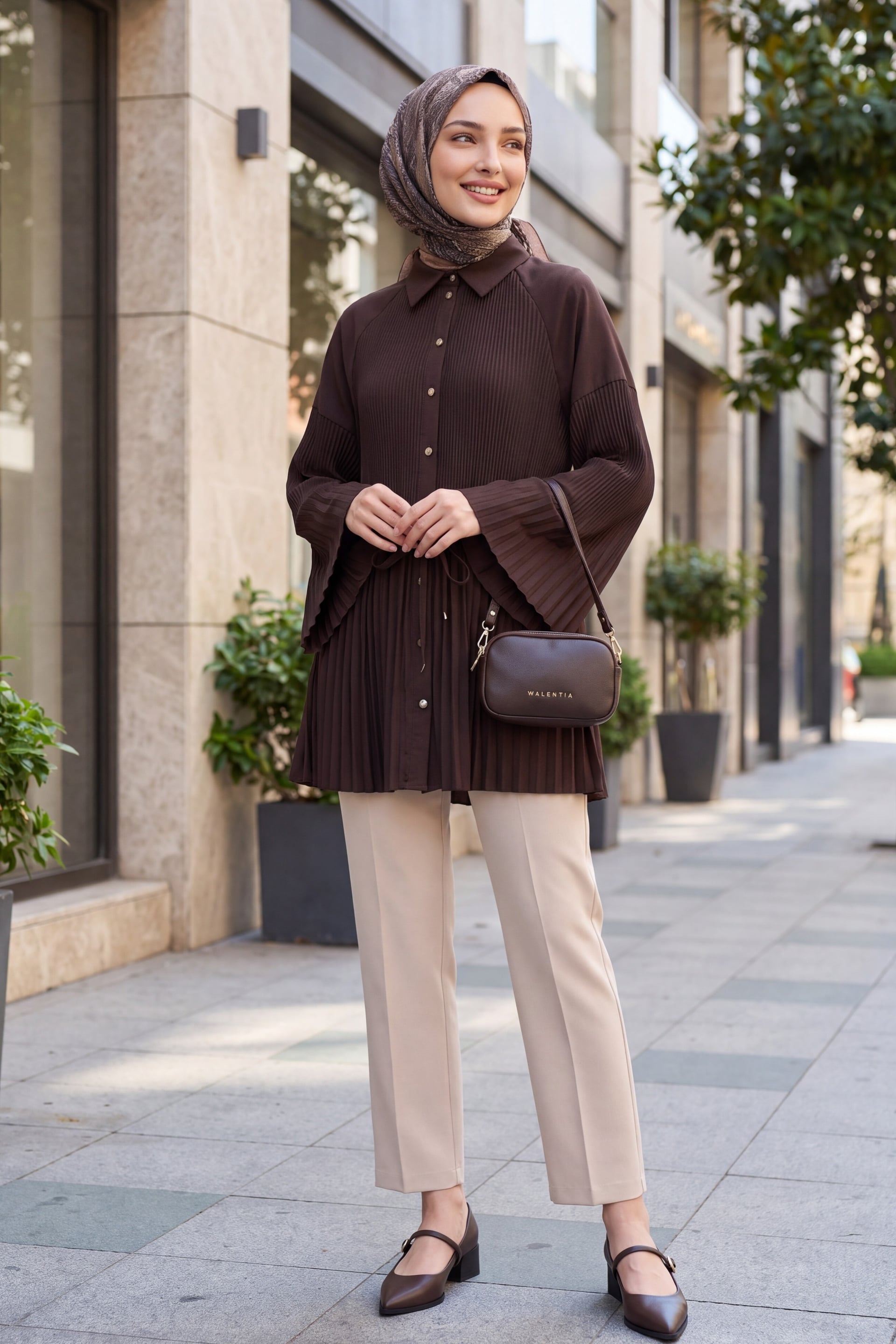 Belted Stone-Button Pleated Poplin Tunic - Brown - Podyumplus - by Peralane - photo 5