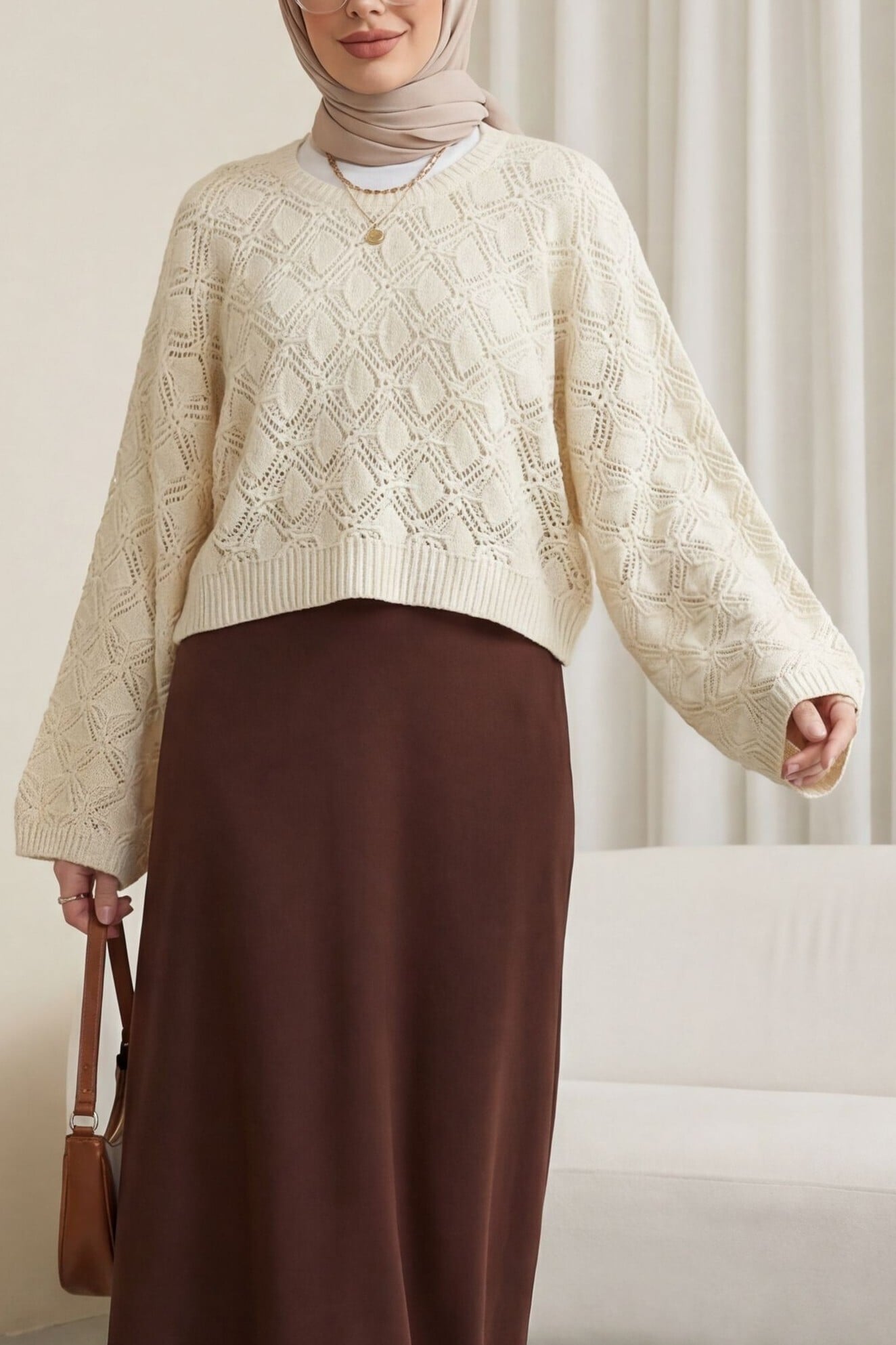 Crew Neck Batwing Sleeve Open-Knit Sweater - Cream - Podyumplus - by Peralane