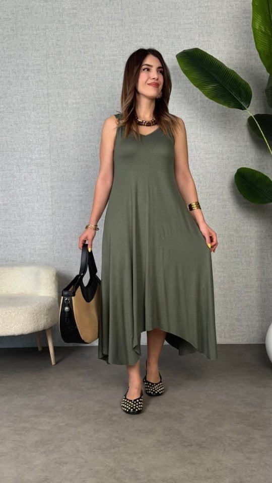 Women's Sleeveless V-Neck Ring Detail Asymmetric Viscose Maxi Dress - Janes - by Peralane - photo 2