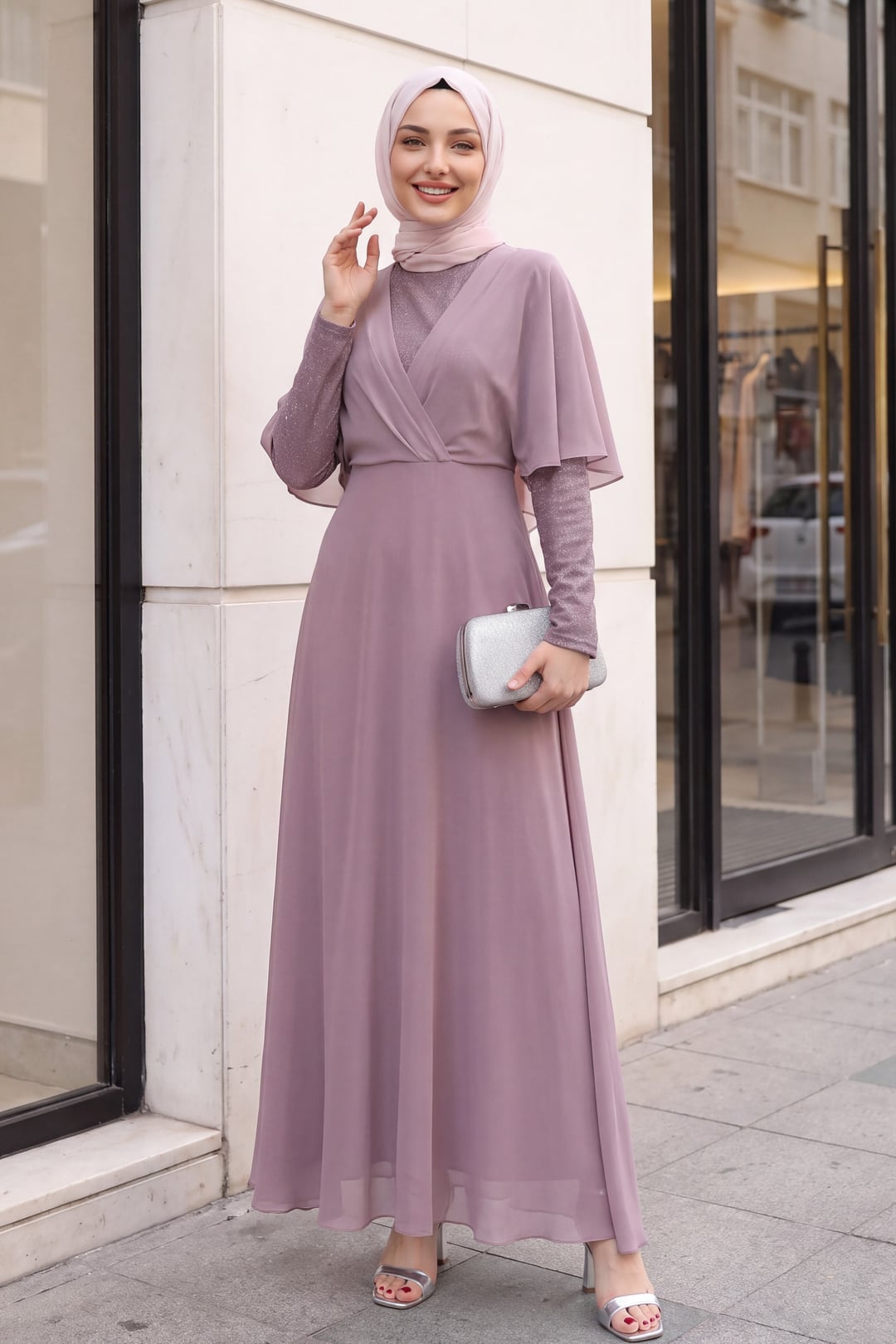 Sequined Chiffon Evening Dress in Lilac - Podyumplus - by Peralane