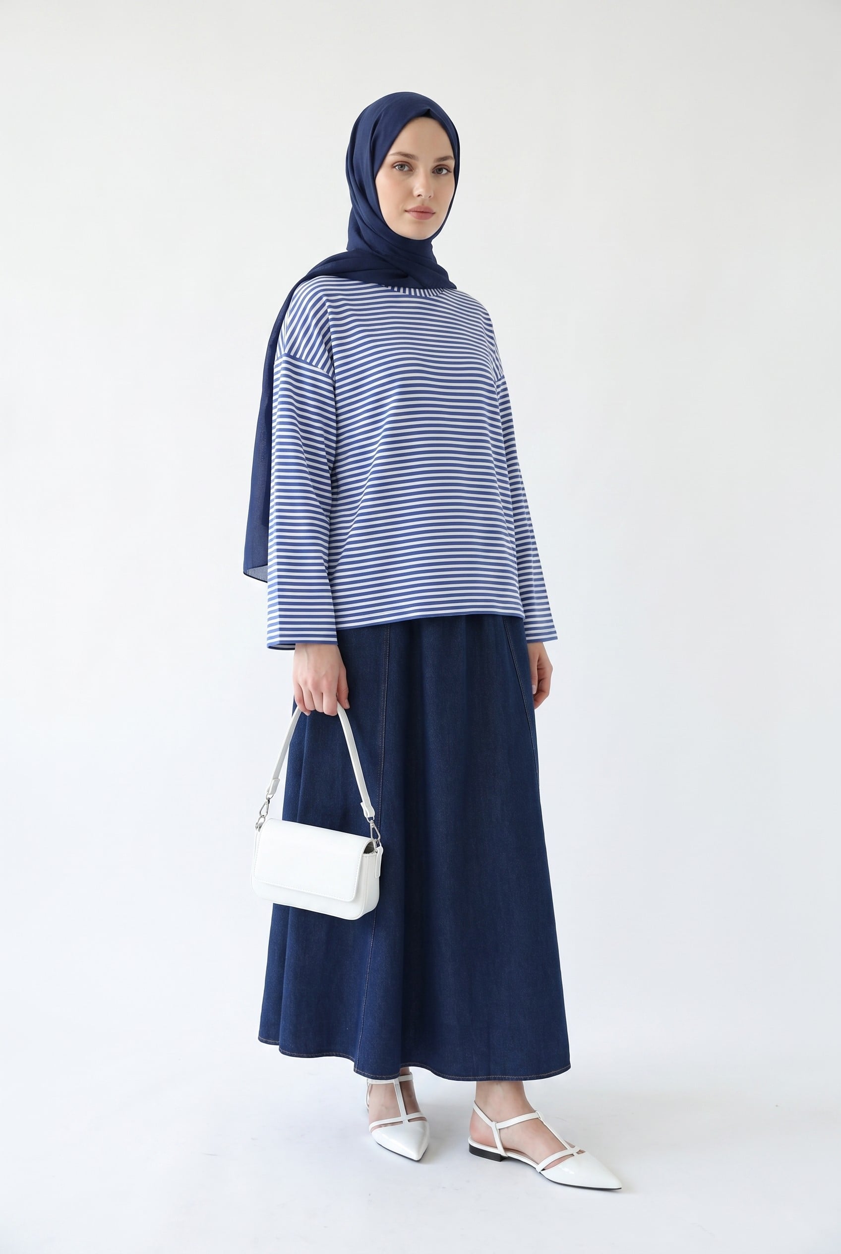 Stripe Viscose Sweatshirt with Crew Neck - Indigo - Podyumplus - by Peralane - photo 6