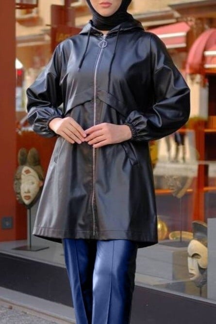 Black Faux Leather Hooded Zip Coat with Pockets - Podyumplus - by Peralane