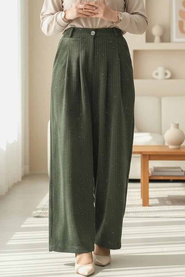 Pocketed Wide-Leg Sequined Corduroy Trousers - Khaki - Podyumplus - by Peralane - photo 2
