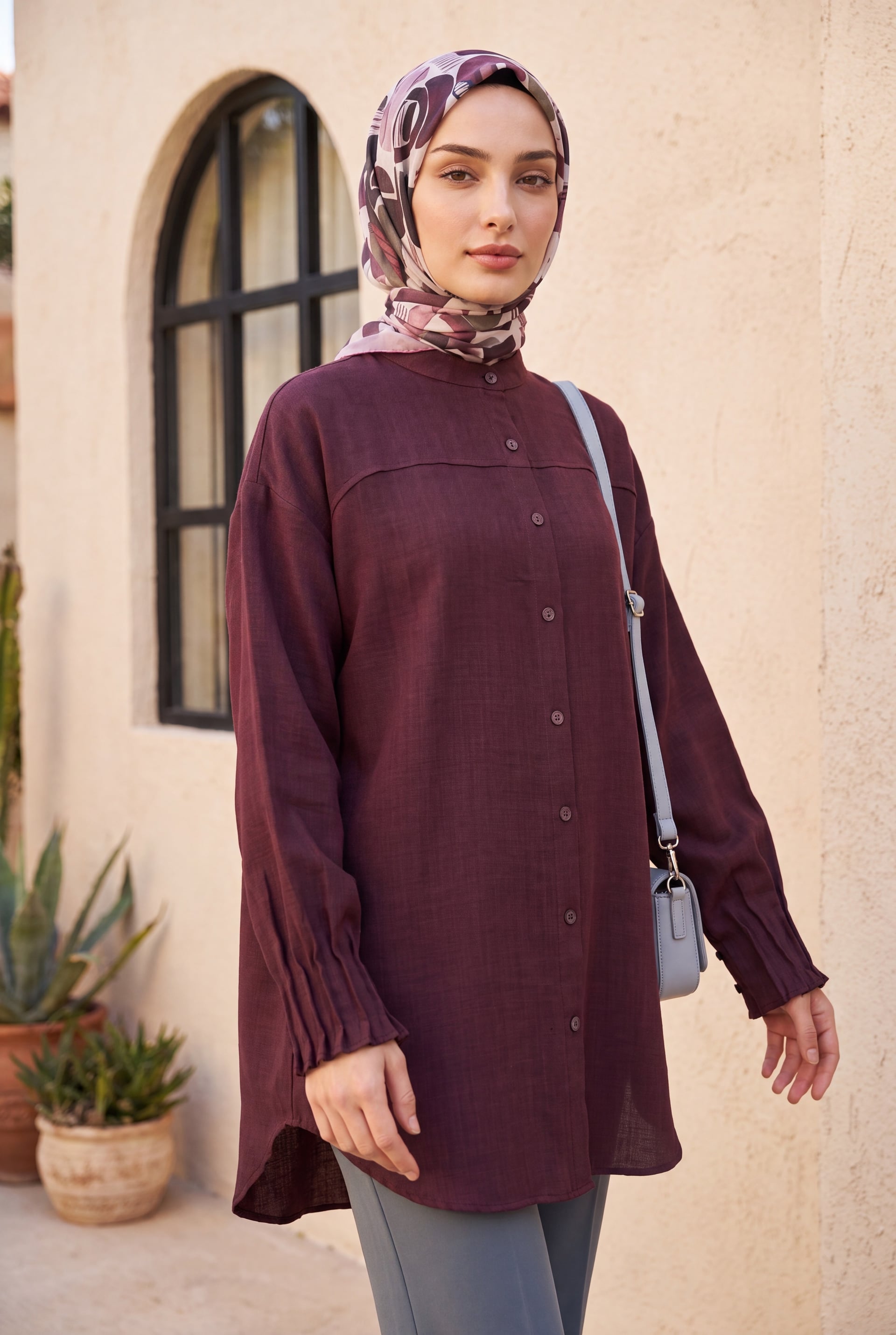 Oval Cut Tunic with Pleated Cuff - Plum - Podyumplus - by Peralane - photo 3