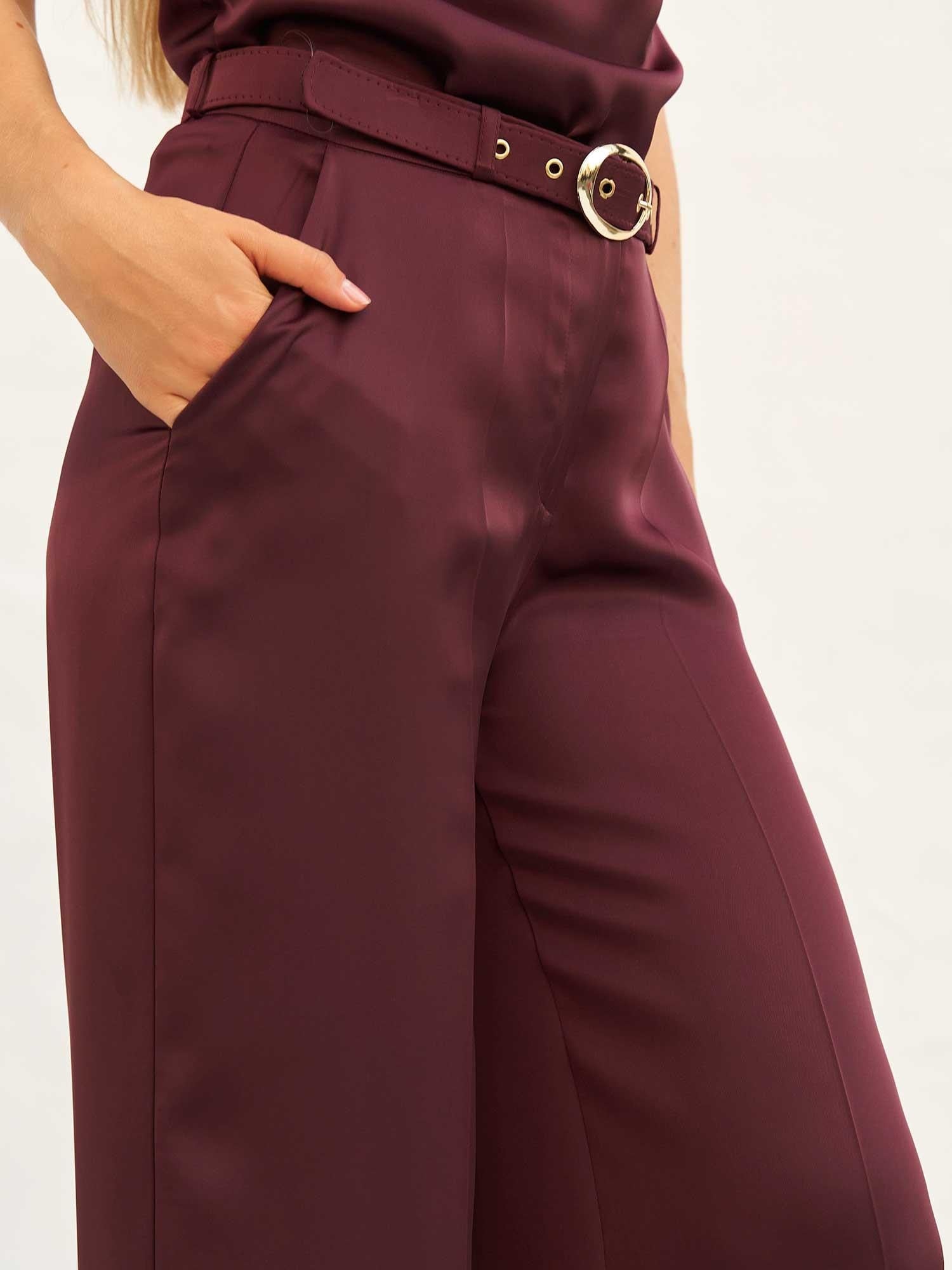 Belted Satin Wide-Leg Trousers with Matching Top Set - Plum - Lefon - by Peralane - photo 6