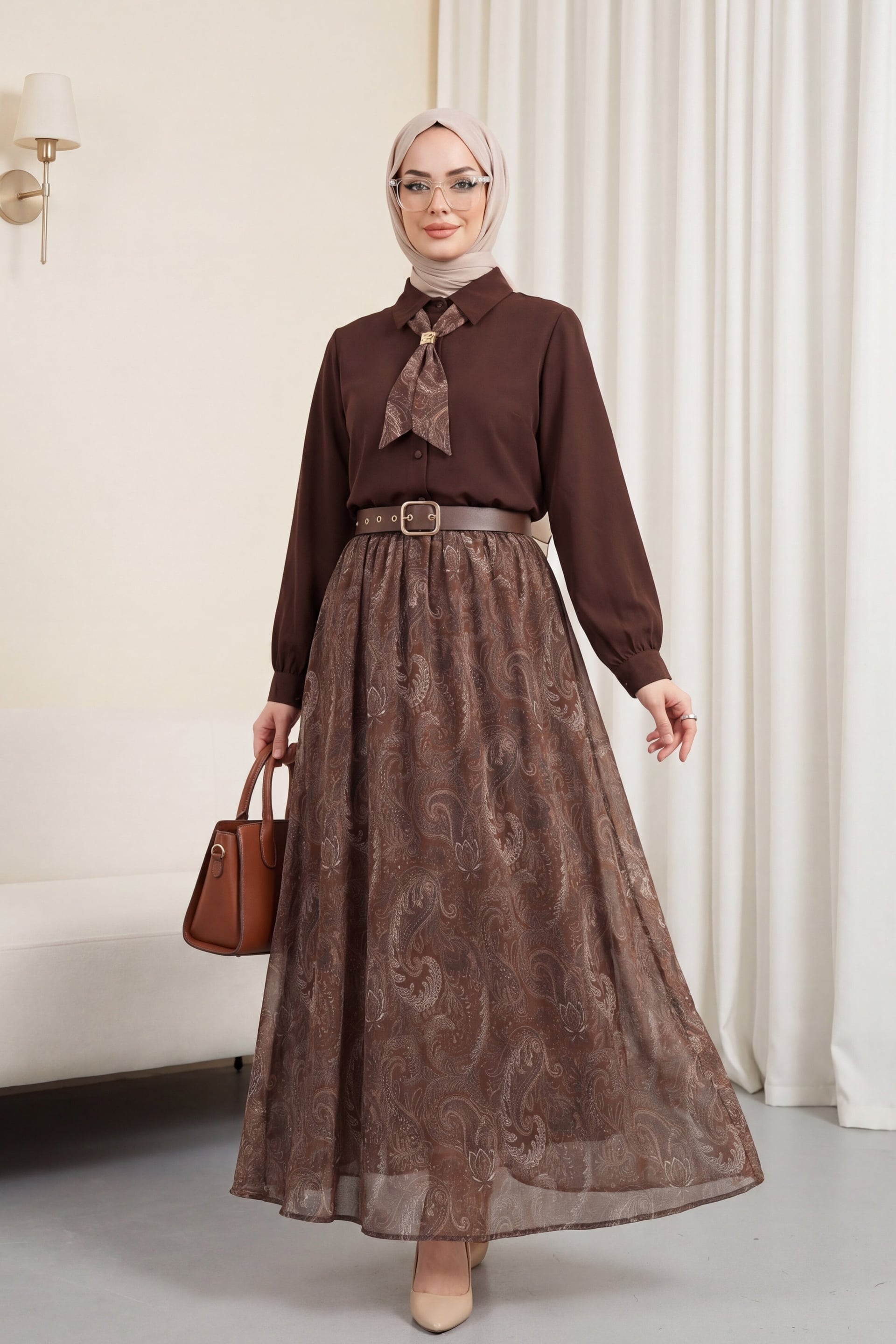 Belted Scarf Detail Lined Skirt Chiffon Two-Piece Set - Dark Brown - Podyumplus - by Peralane