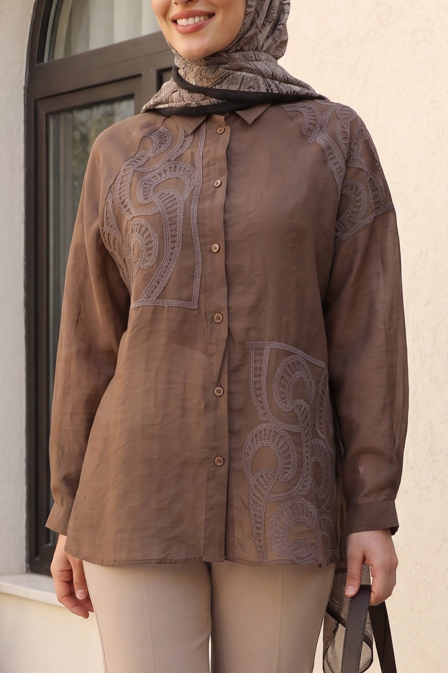 Asymmetric Embroidered Tulle Voile Tunic with Buttons - Brown - Podyumplus - by Peralane - photo 2