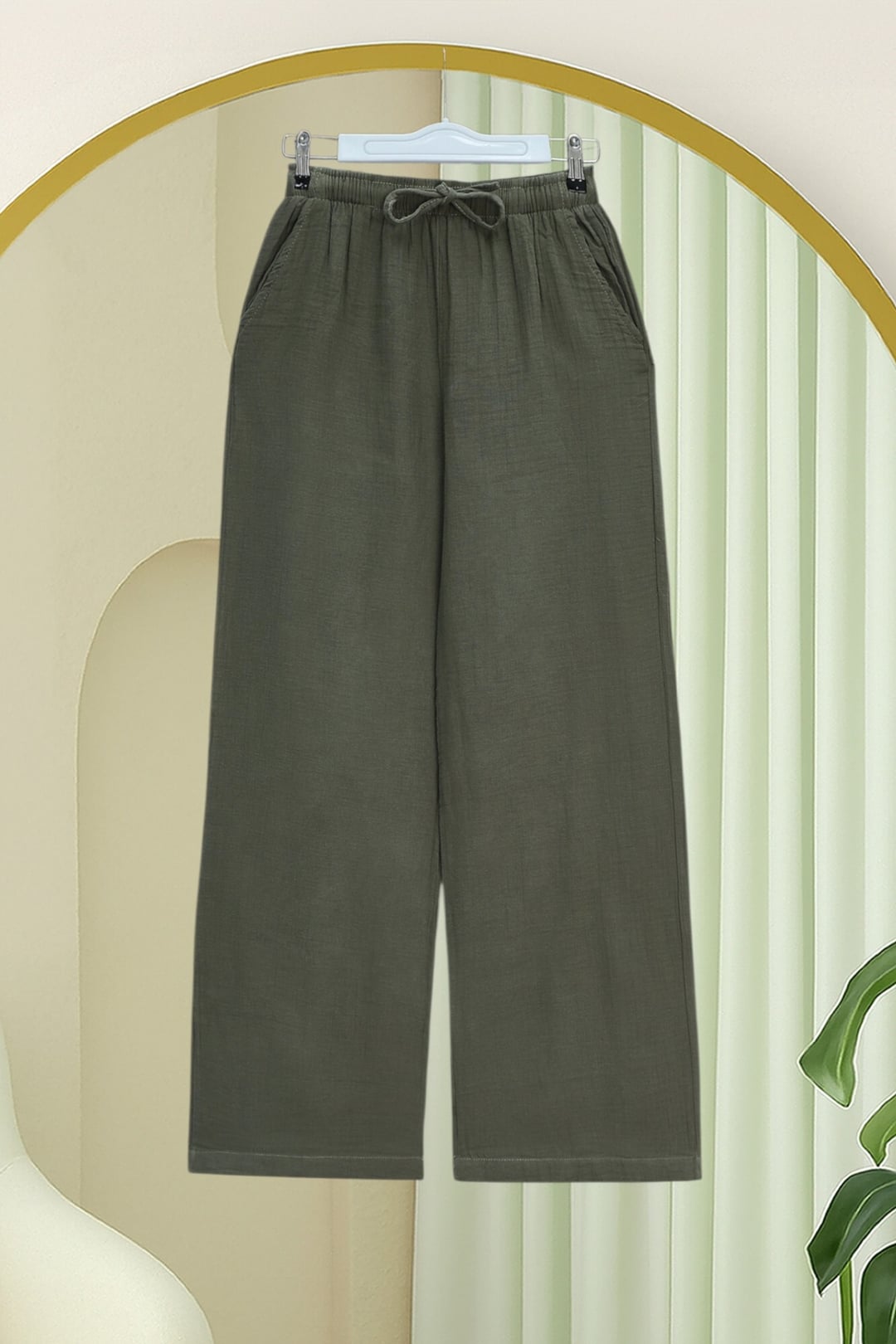 Elasticated Drawstring Wide-Leg Muslin Trousers - Olive Green - Podyumplus - by Peralane - photo 4