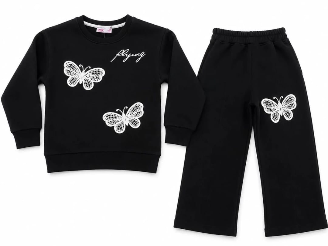 Girls' Black Butterfly Applique Sweatshirt and Trousers Set (Ages 5-12) - CMK - by Peralane