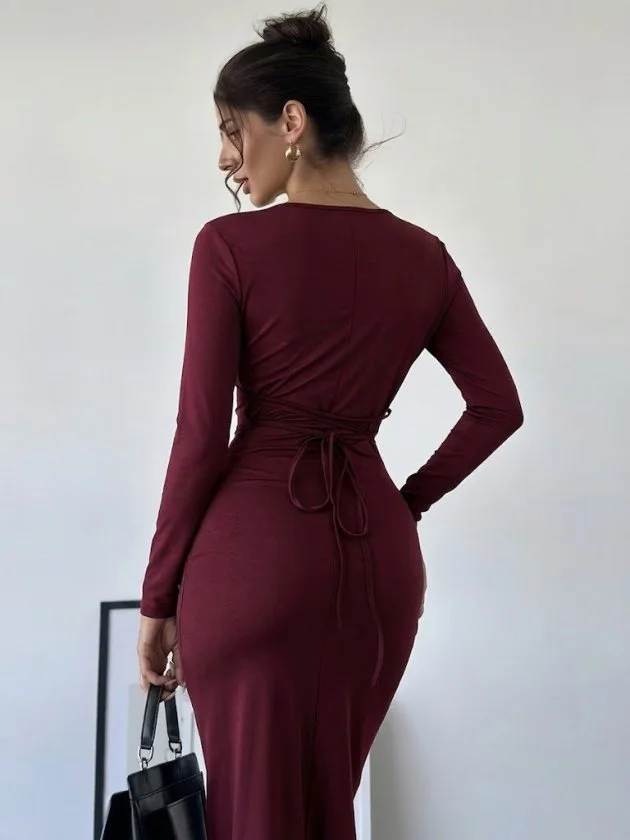 Women's Long Sleeve Deep Neck Tie Waist Midi Dress - Janes - by Peralane - photo 3