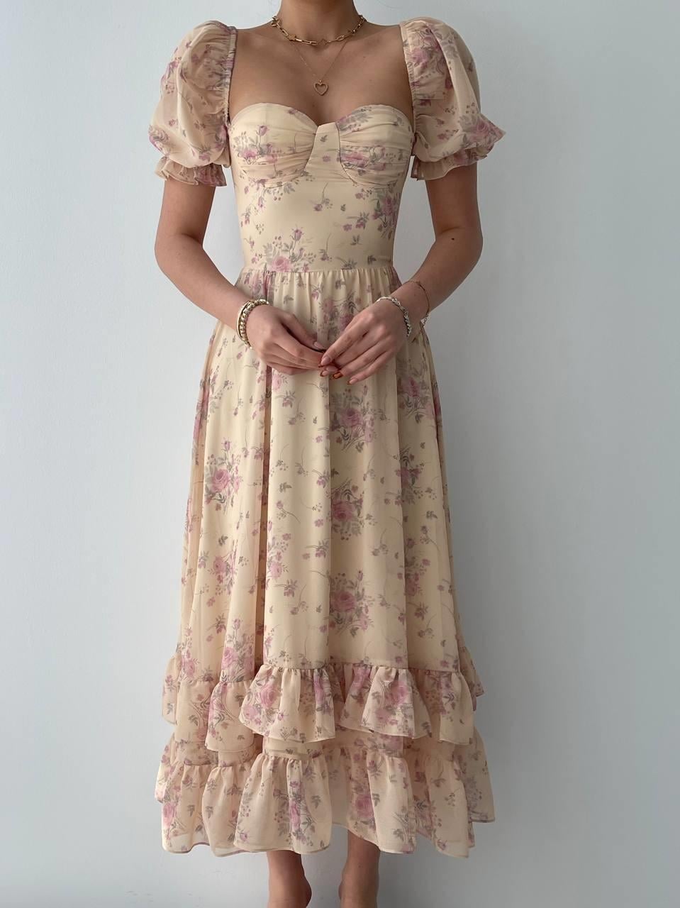 Beige Floral Poplin Dress with Short Sleeves - Etika - by Peralane - photo 2