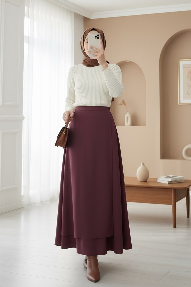 Front Cross Double-Layer Scuba Skirt - Burgundy - Podyumplus - by Peralane