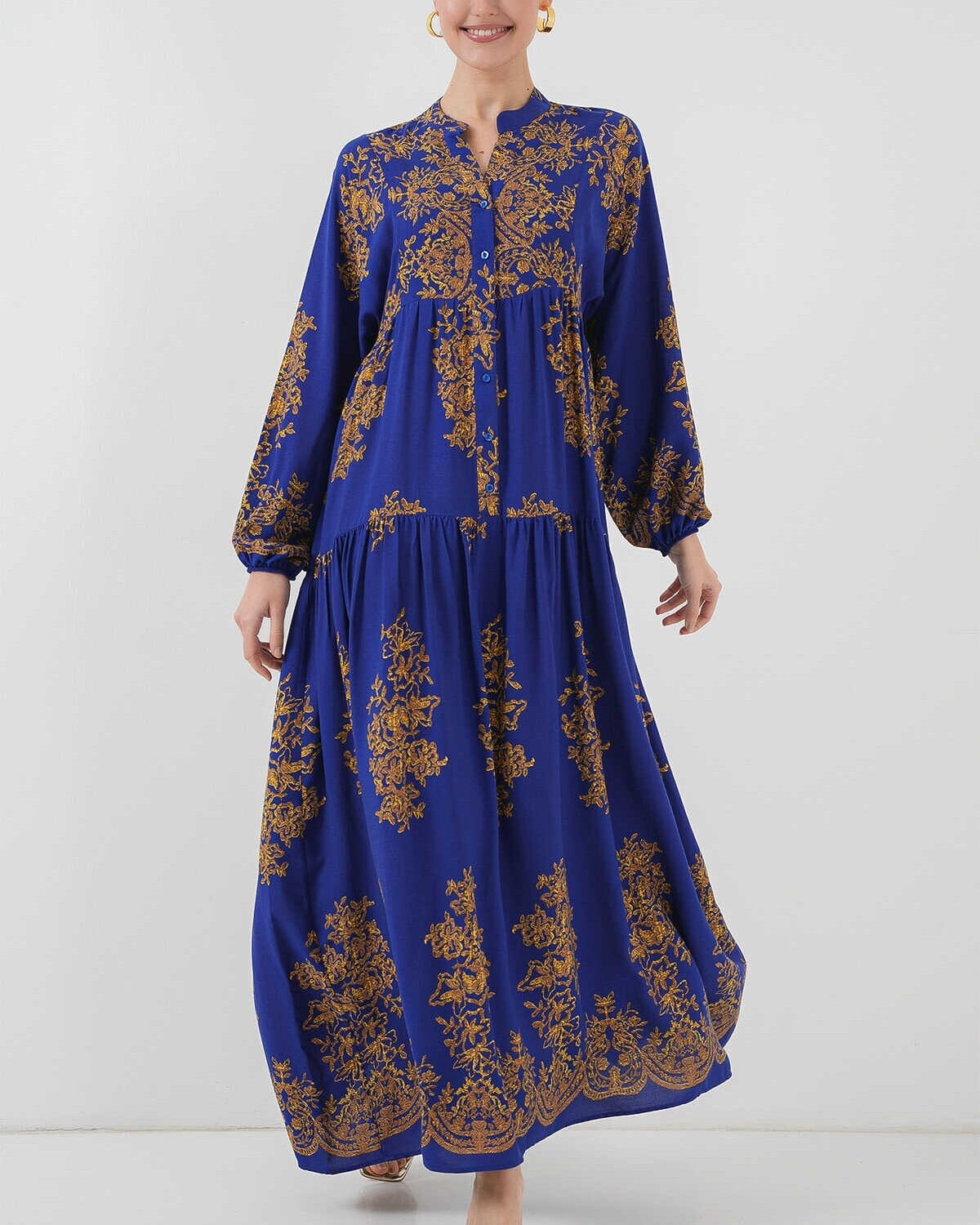 Royal Blue Gold Floral Print Modest Dress - Bigdart - by Peralane - photo 4
