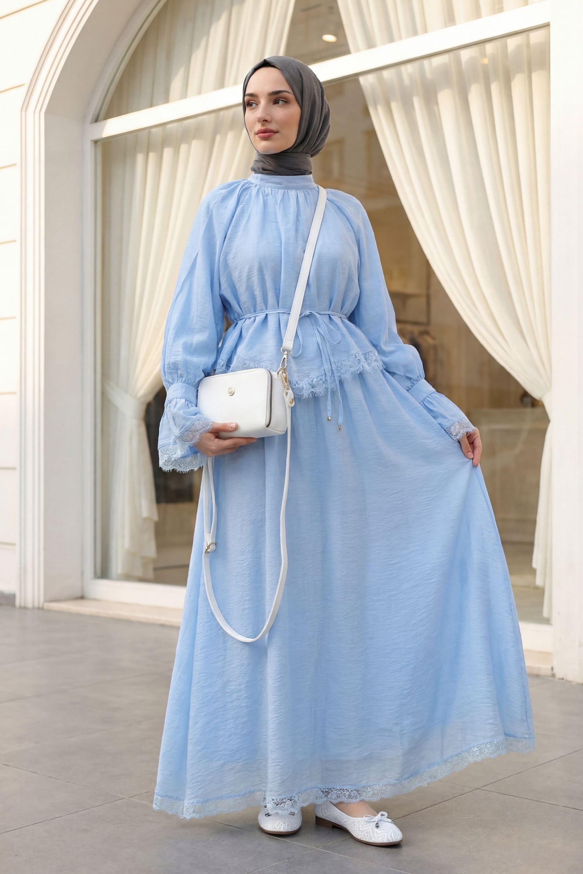 Lace Trim Belted Lined Flam Tulle Set - Baby Blue - Podyumplus - by Peralane