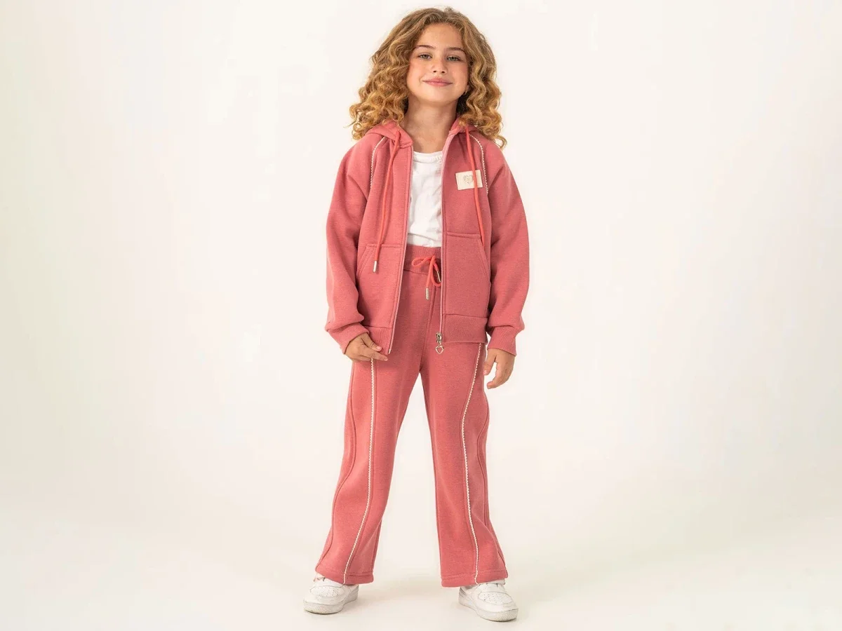 Girls' Zip-Up Hooded Tracksuit Set with Lace Trim – Dusty Rose - Lumii - by Peralane