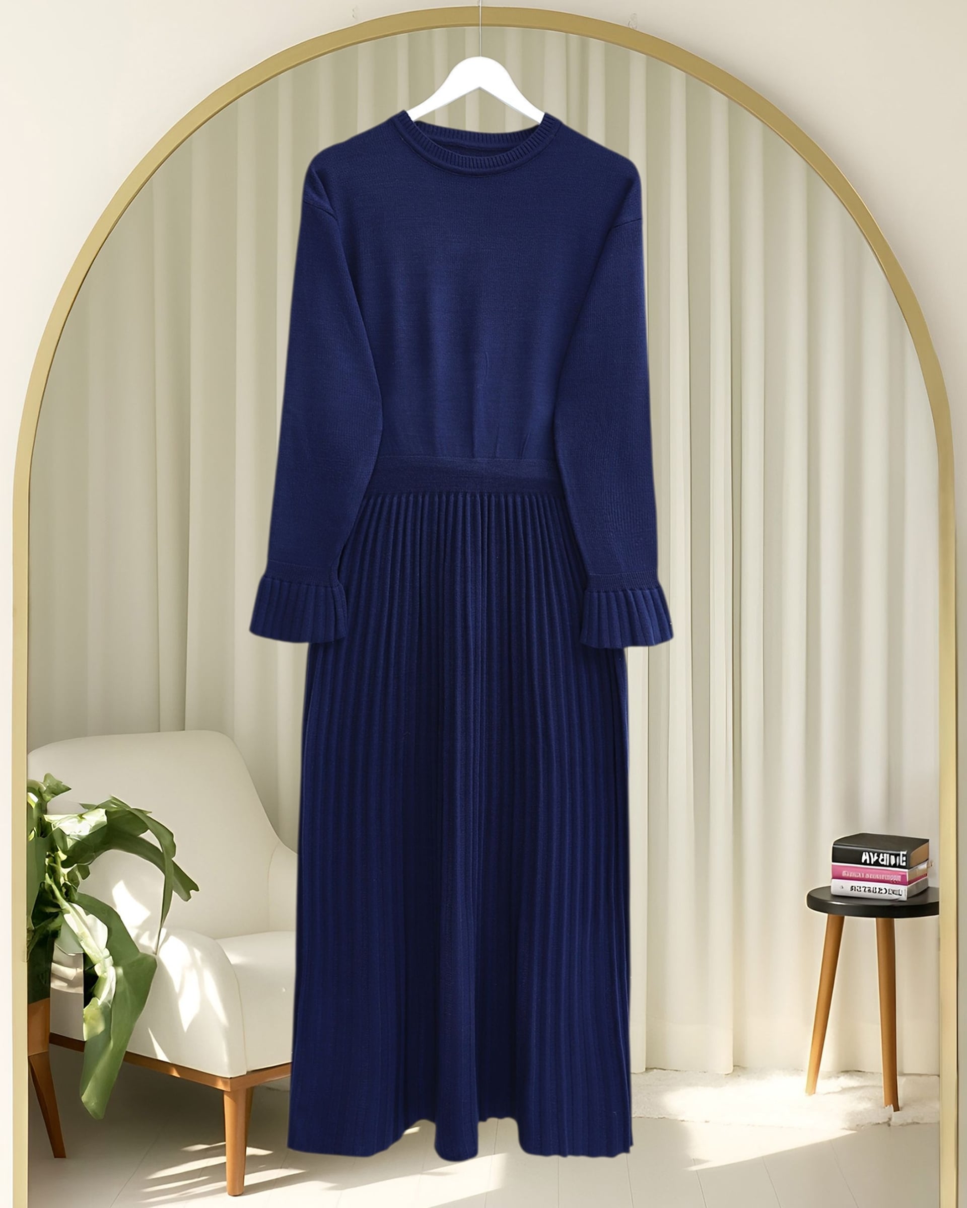 Navy Blue Pleated Cape Detail Long Knit Dress with Ribbed Skirt - Podyumplus - by Peralane - photo 6