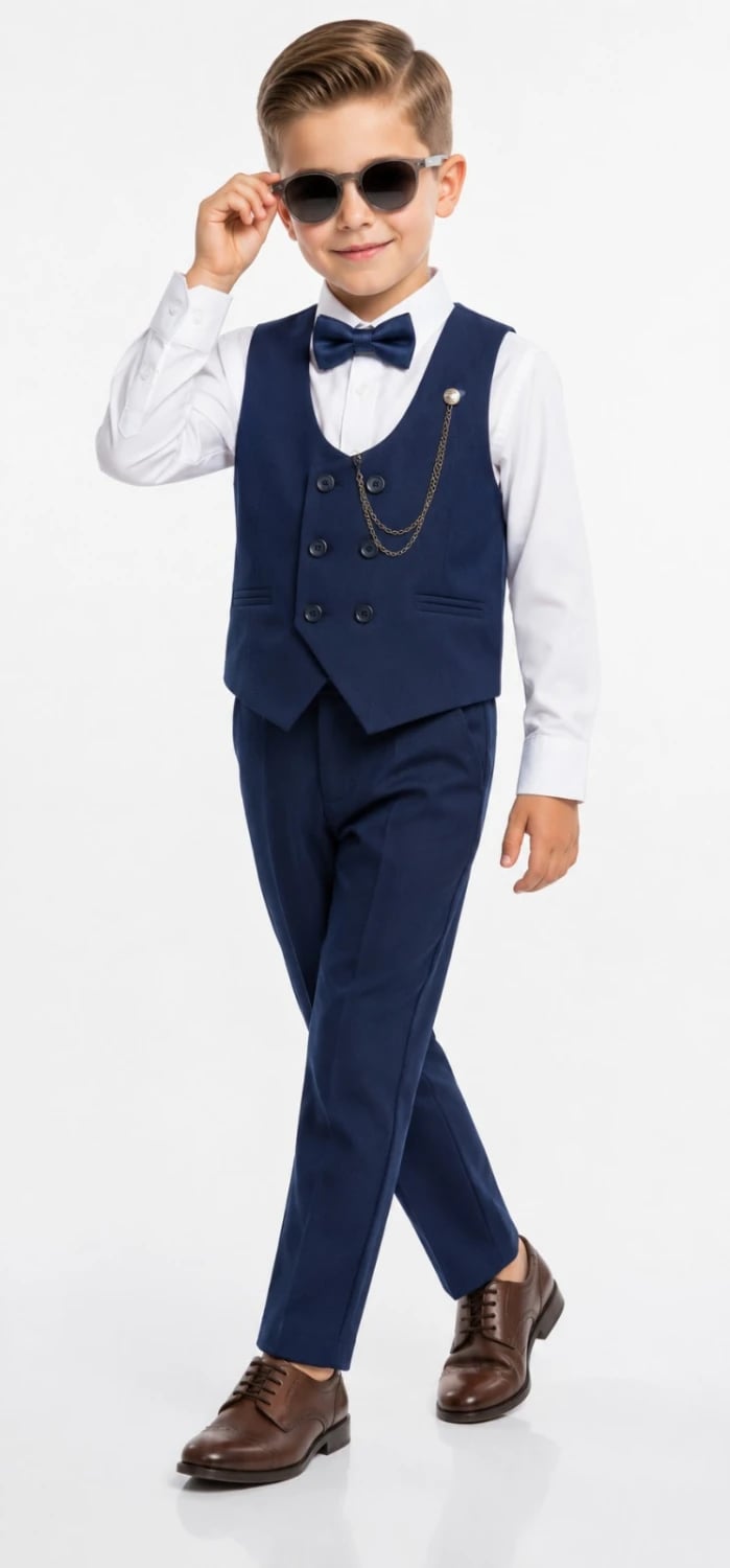 Boys' Navy Blue Formal Suit Set with Waistcoat – 4-Piece Pack - Terry - by Peralane