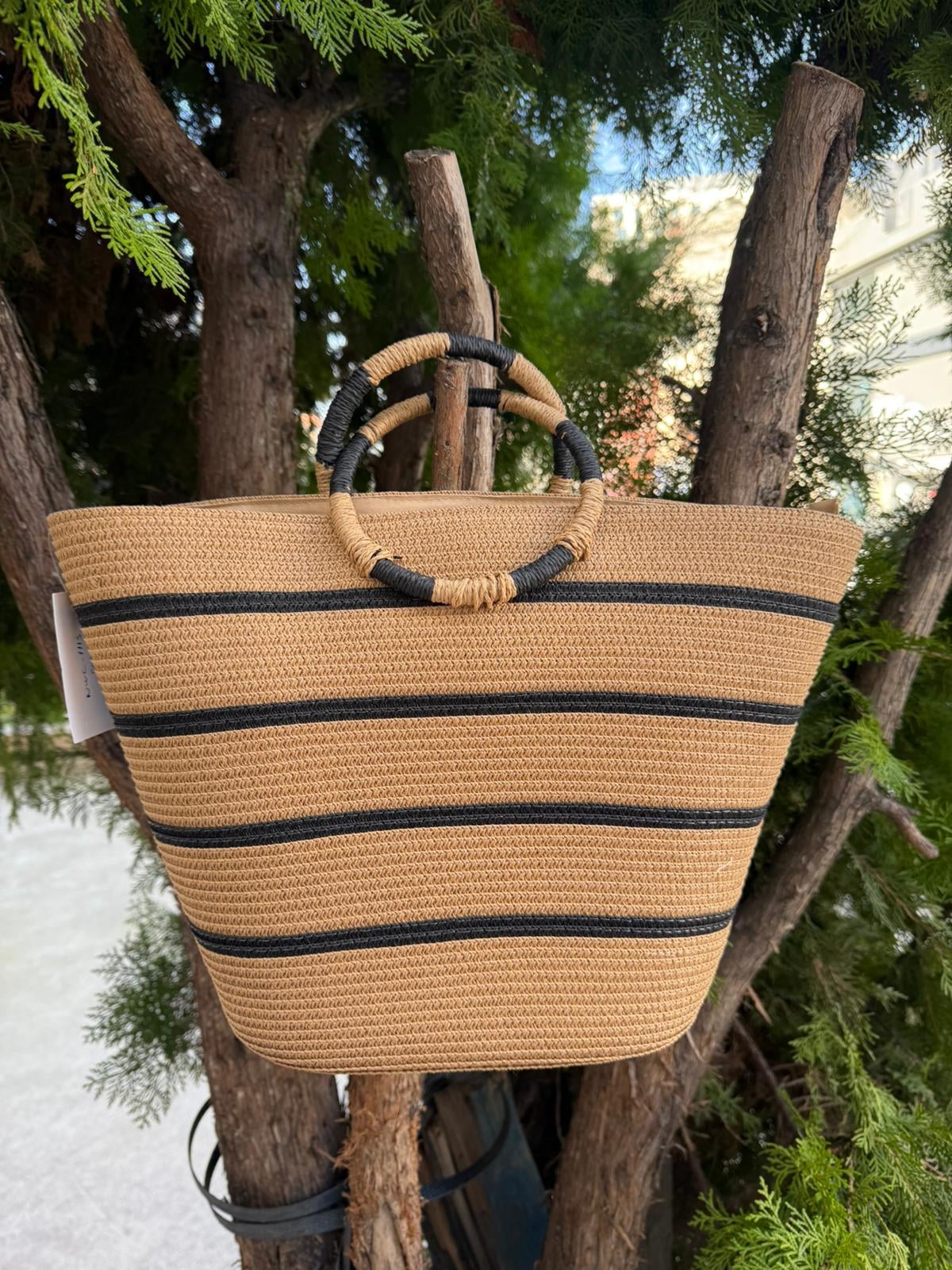NWC-1115 Camel Black Striped Straw Tote Bag - Nesvay - by Peralane - photo 2