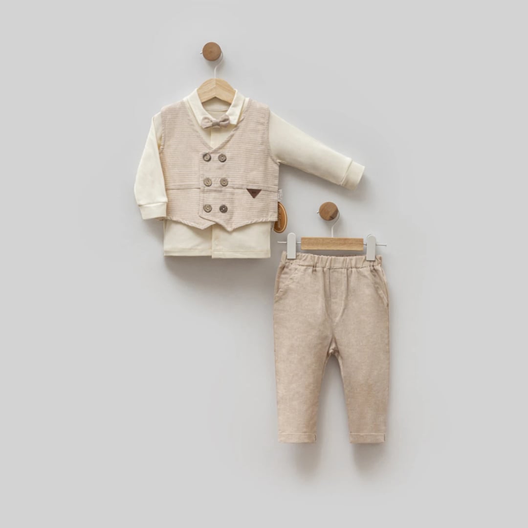 Baby Boy Formal Set with Waistcoat and Bow Tie - Brown - Bebbemini - by Peralane
