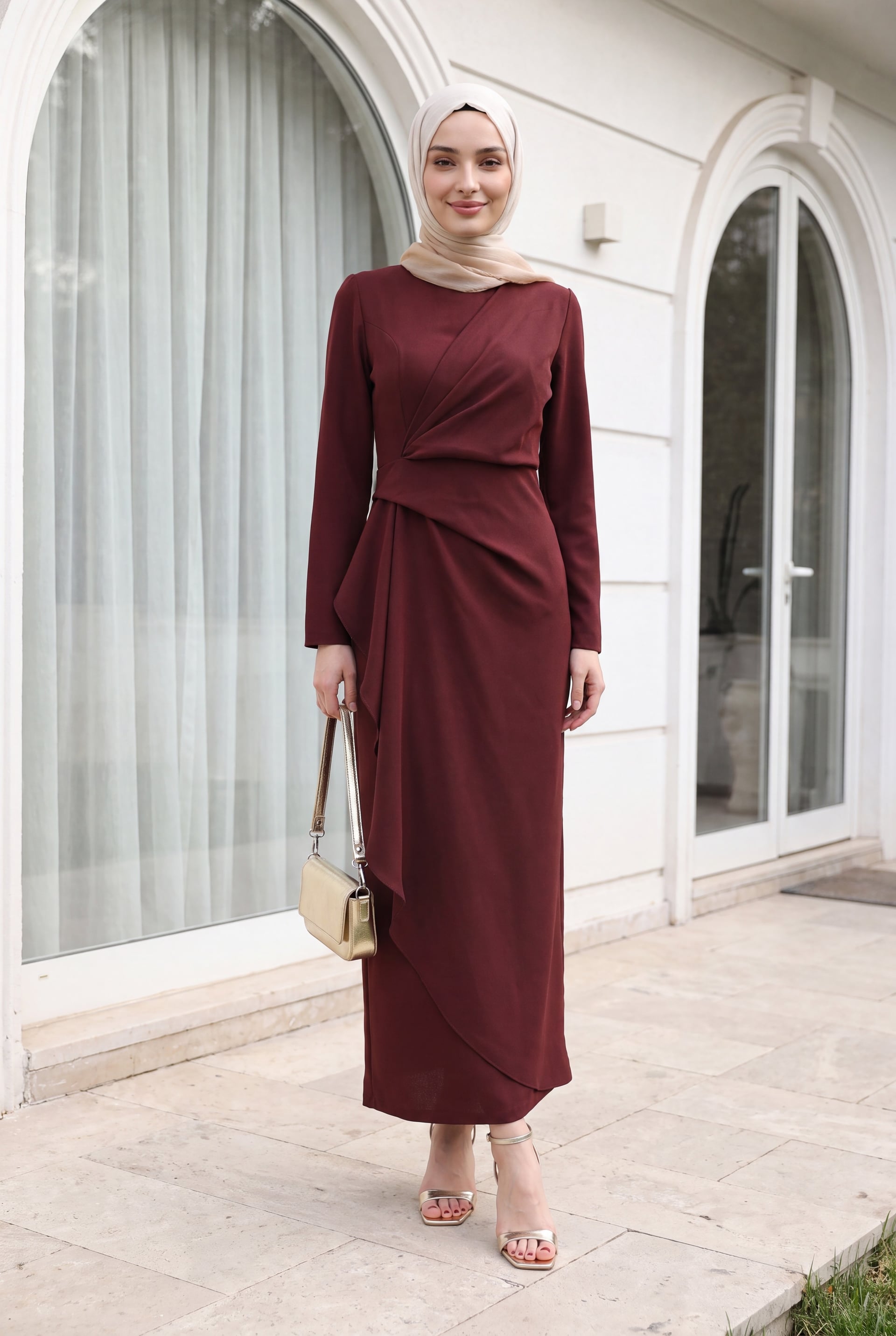 Asymmetric Hem Ruched Crepe Dress - Dark Burgundy - Podyumplus - by Peralane - photo 2
