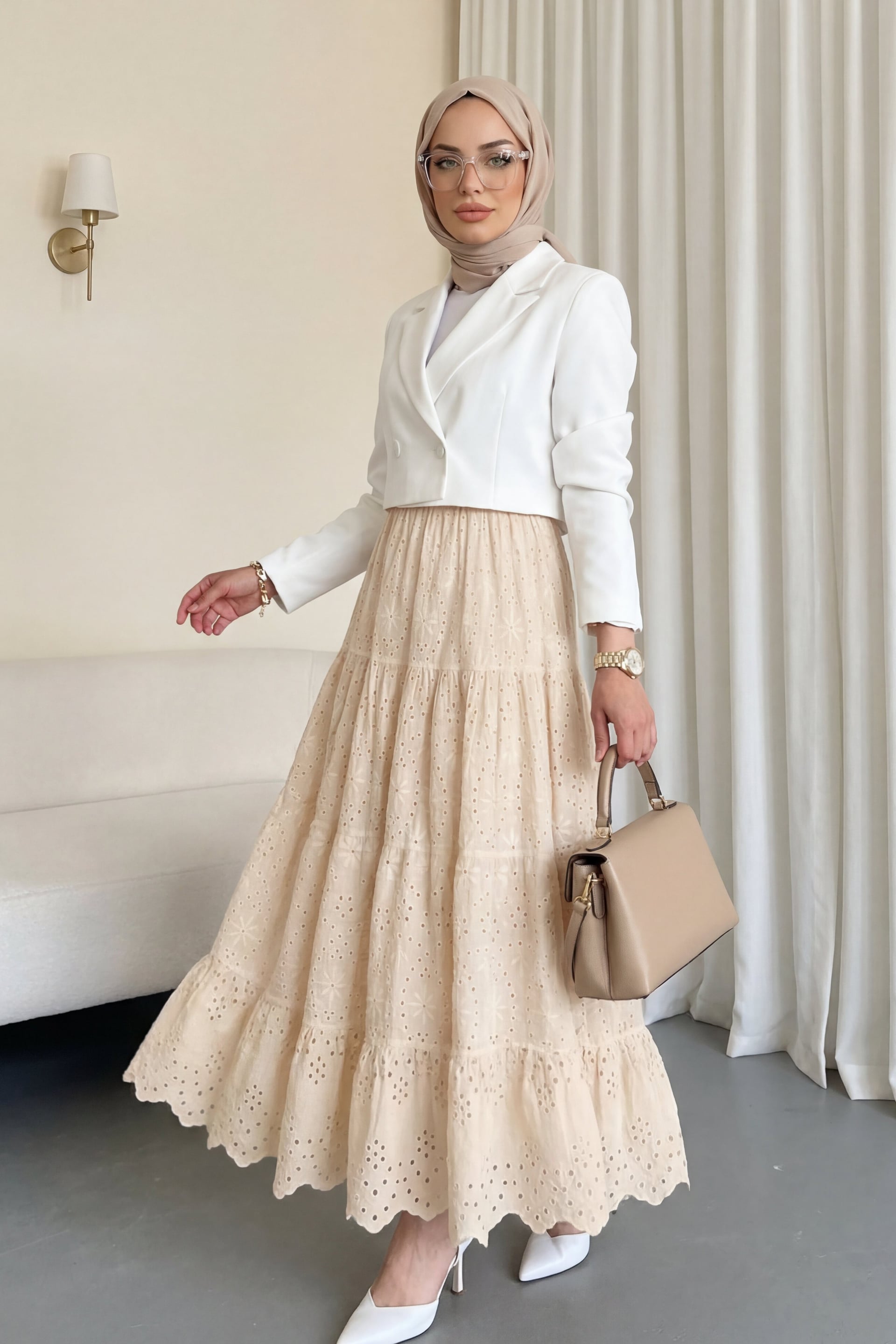 Eyelet Embroidered Tiered Maxi Skirt - Beige - Podyumplus - by Peralane - photo 3