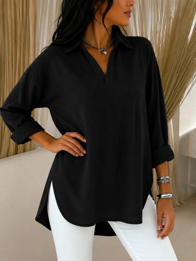 Women's Collared V-Neck Blouse with Cuffed Three-Quarter Sleeves - Janes - by Peralane - photo 3