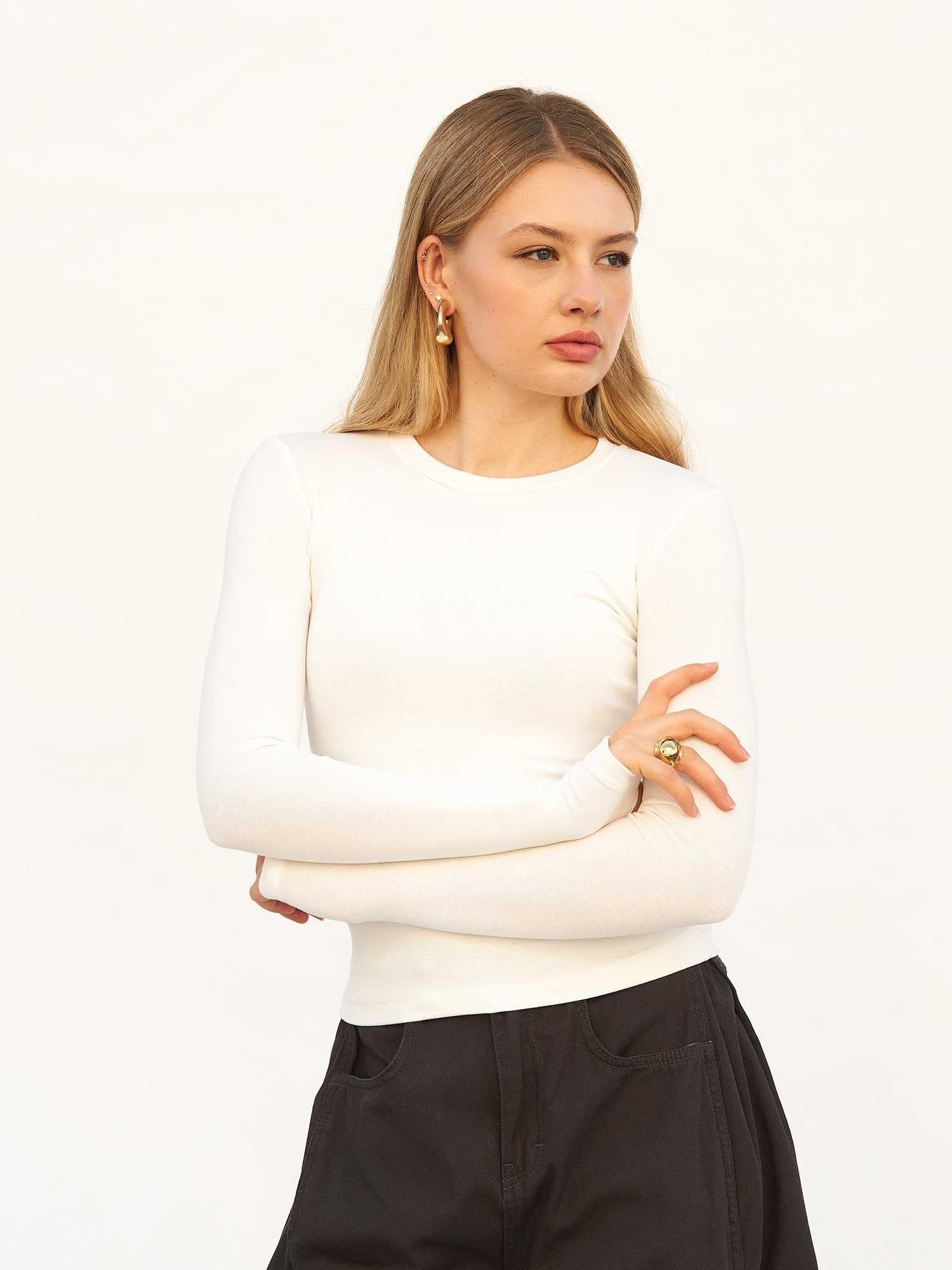 Long-Sleeve Ribbed Knit T-Shirt with Thumbholes - Ecru - Lefon - by Peralane - photo 6