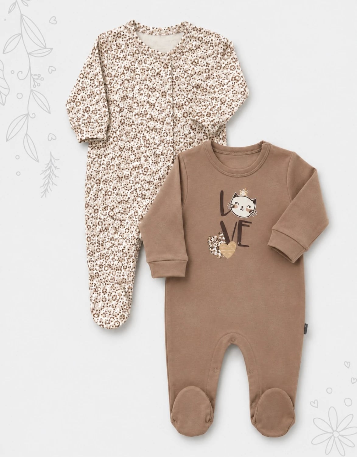 Baby Romper Set - Brown LOVE Print and Cream Floral - 4 Pack - Interkidsy - by Peralane
