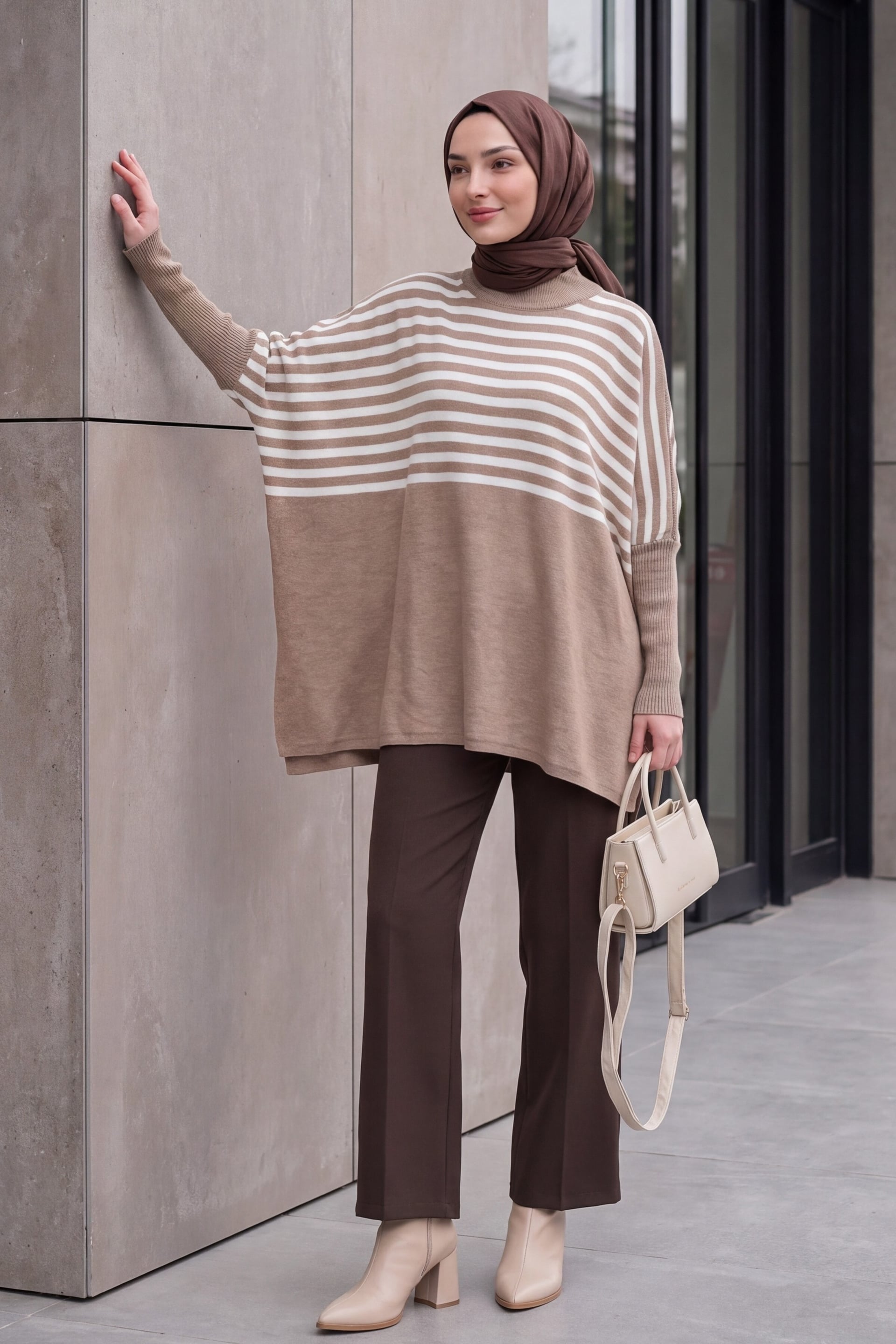 Oversize Poncho Knit Sweater with Side Slits - Brown and White Striped Tunic - Bigdart - by Peralane - photo 3