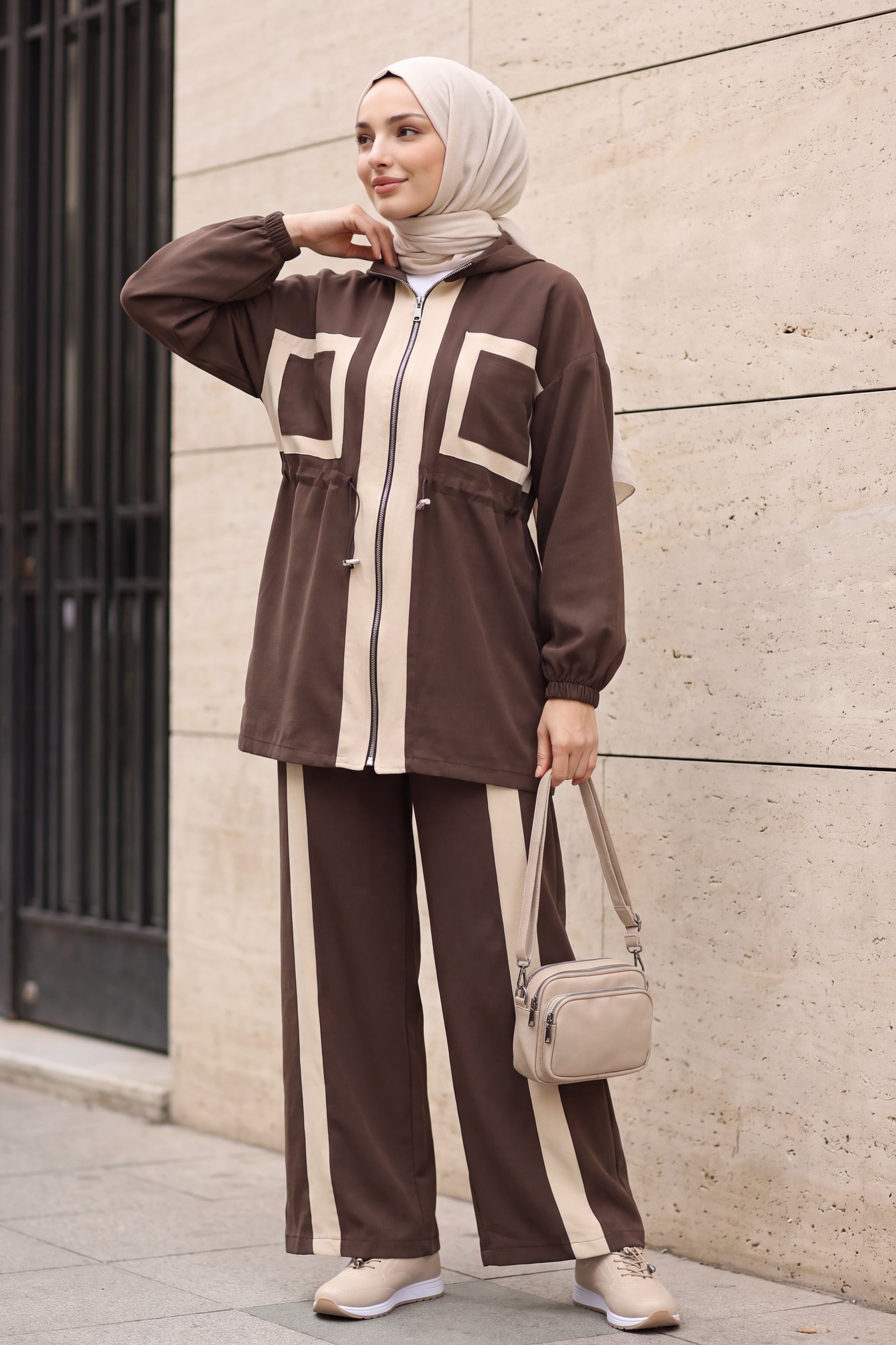 Stand Collar Double Pocket Elastic Waist Trousers Tencel Set - Brown - Podyumplus - by Peralane
