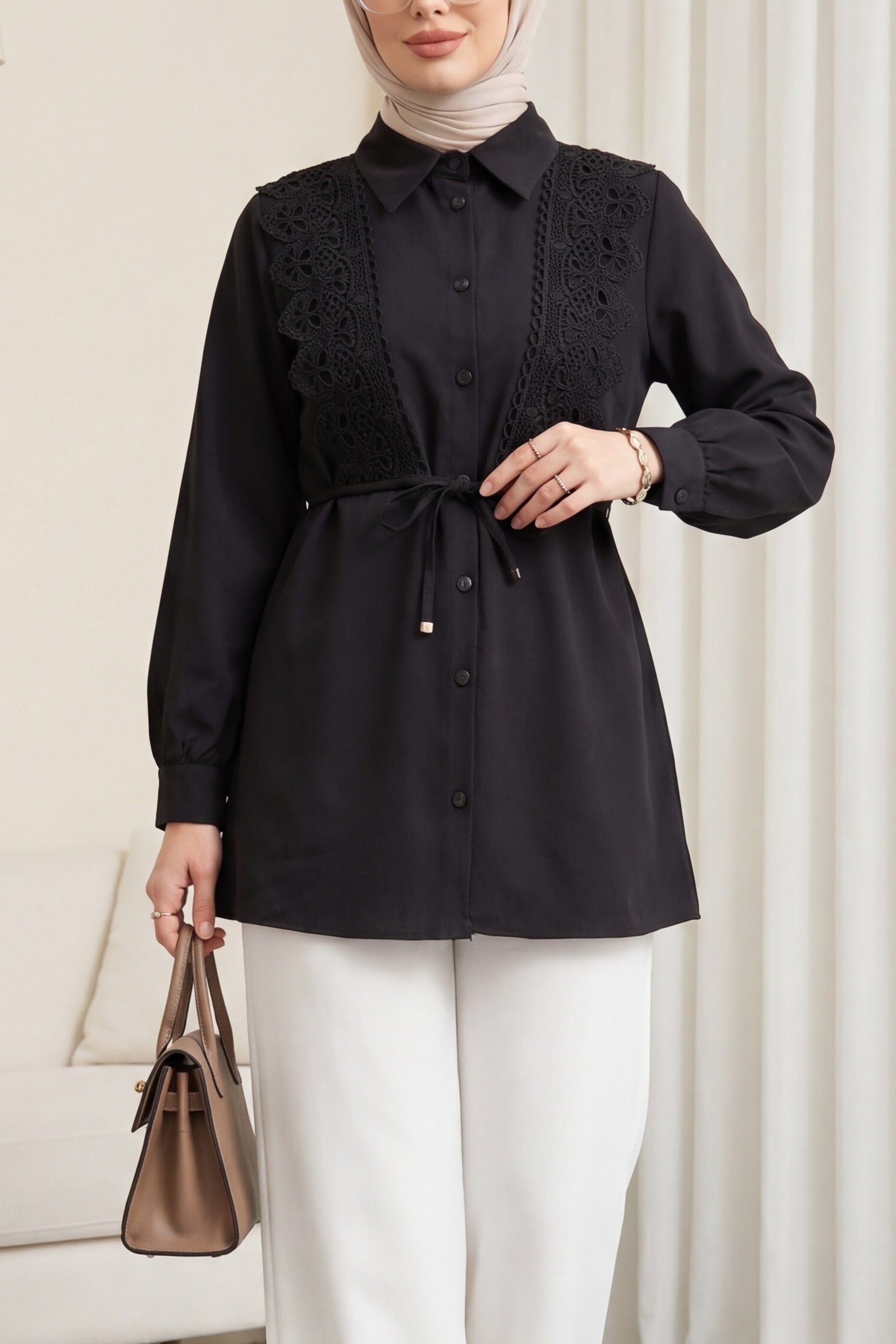 Black Poplin Tunic with Lace Trim and Self-Tie Belt - Podyumplus - by Peralane