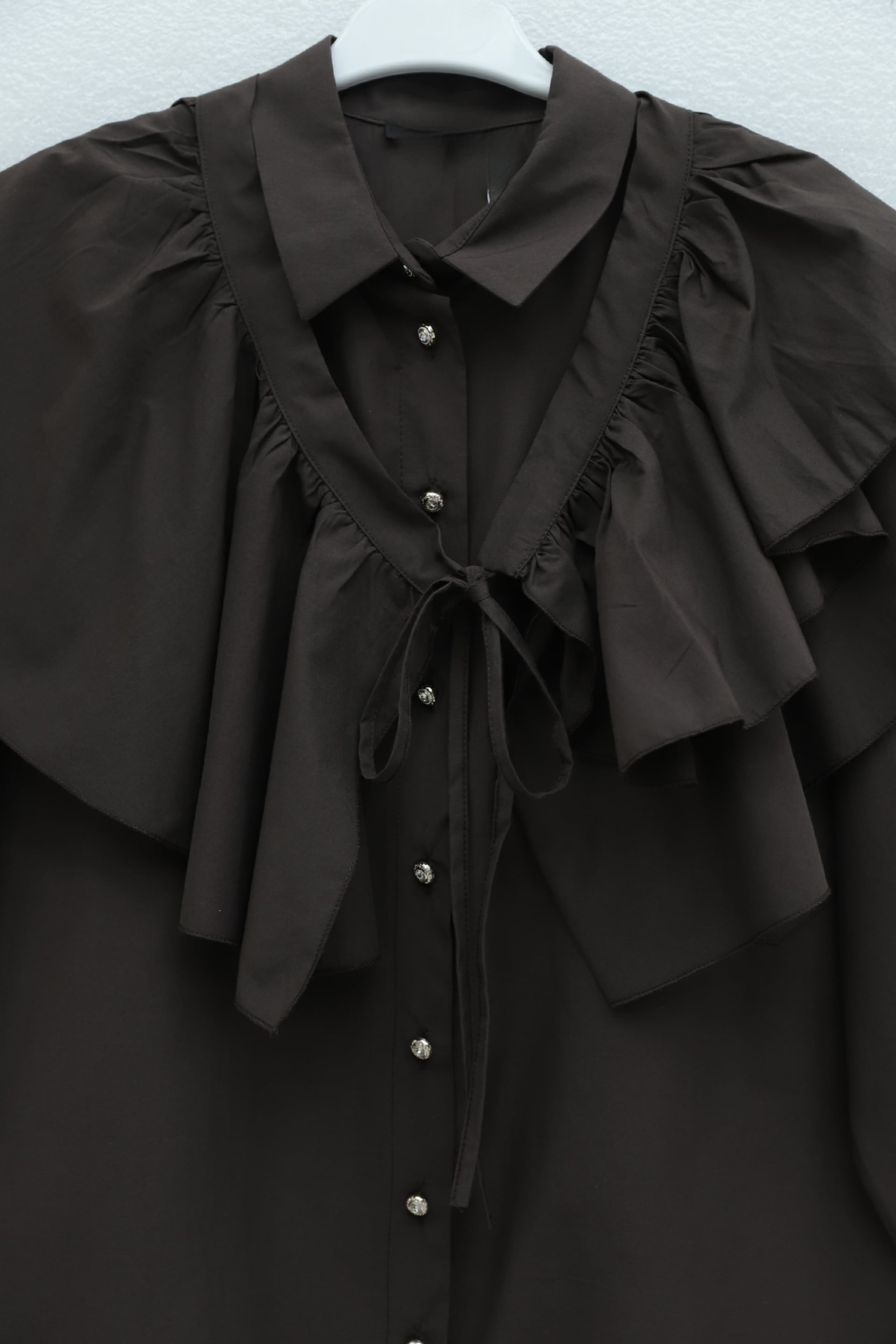 Women's Poplin Tunic with Cape Detail and Button Front - Dark Brown - Podyumplus - by Peralane - photo 8