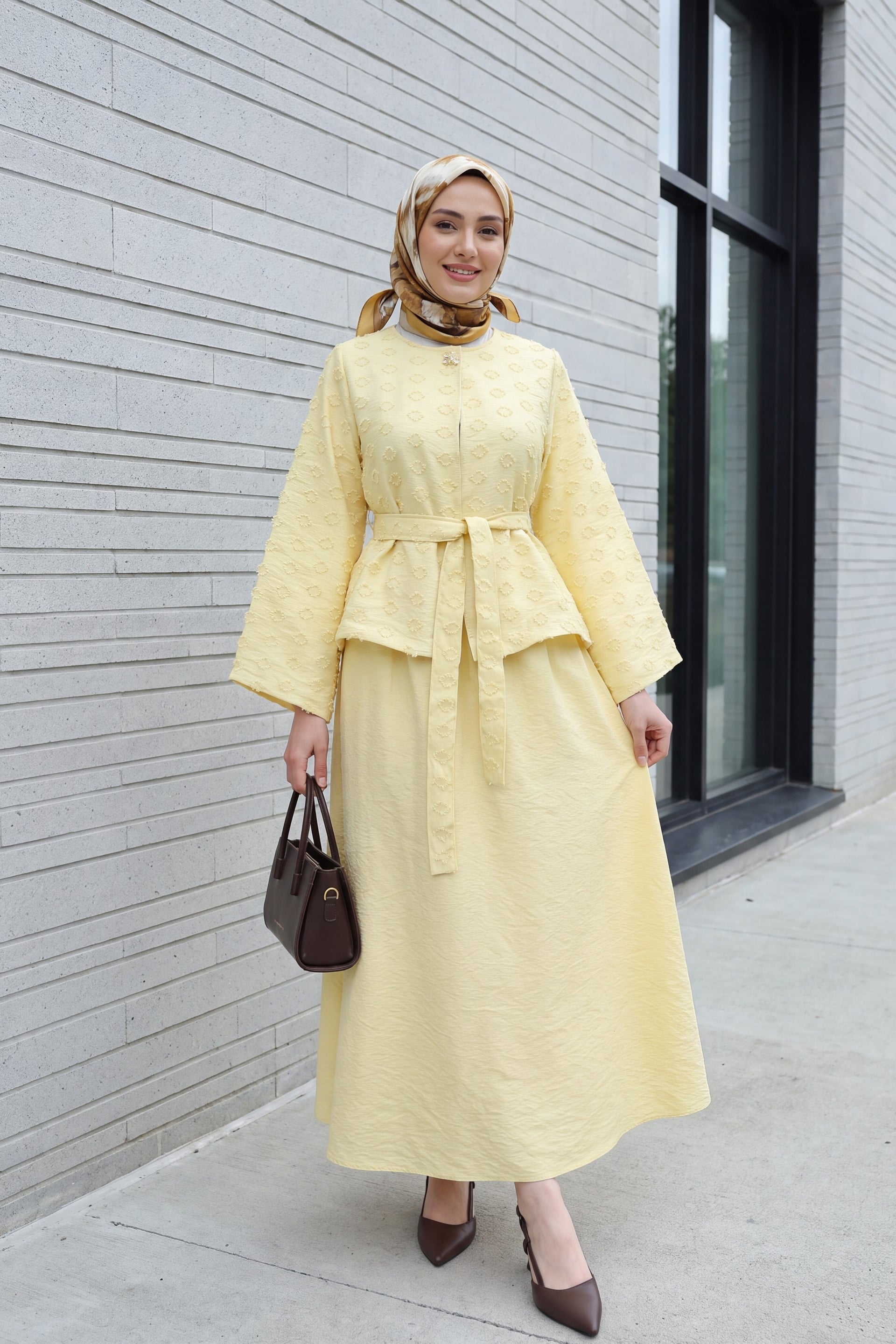 Yellow Jacquard Floral Two-Piece Set with Jacket and Skirt - Podyumplus - by Peralane