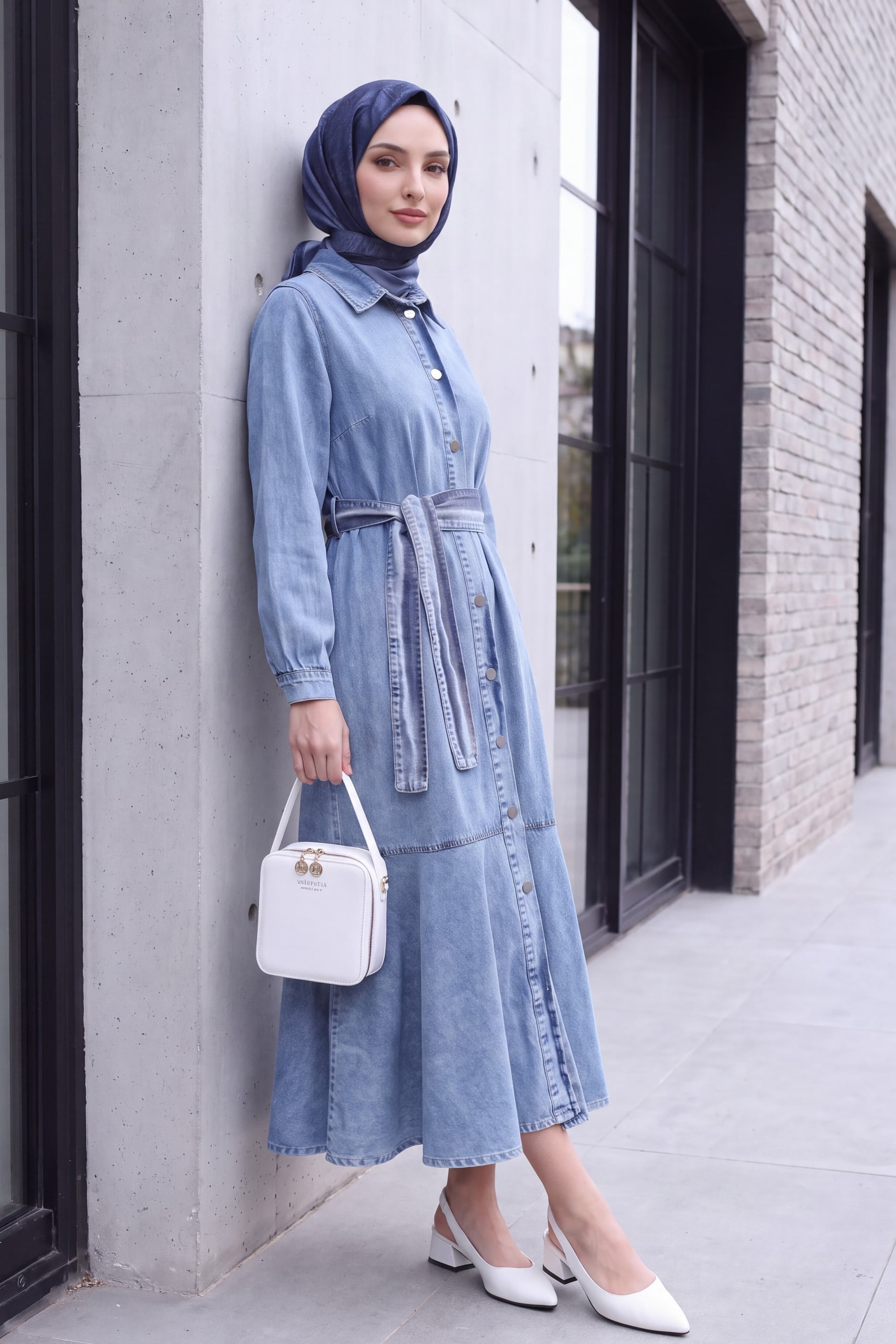 Long-Sleeved Collared Denim Dress with Full Button Front and Flounced Skirt - Light Blue - Podyumplus - by Peralane - photo 3