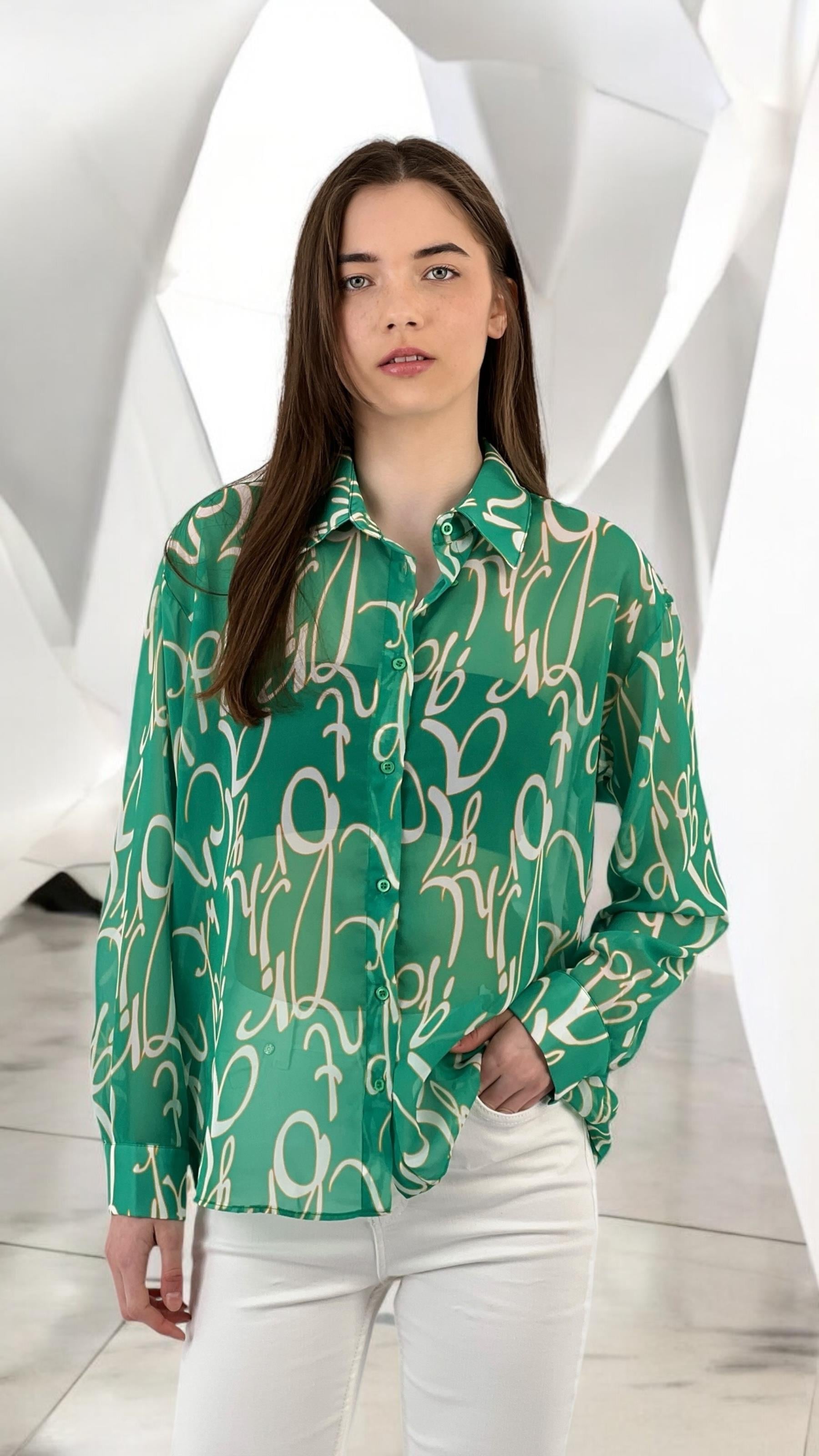 Patterned Long Sleeve Blouse - Emerald Green - Mi̇ss Poem - by Peralane