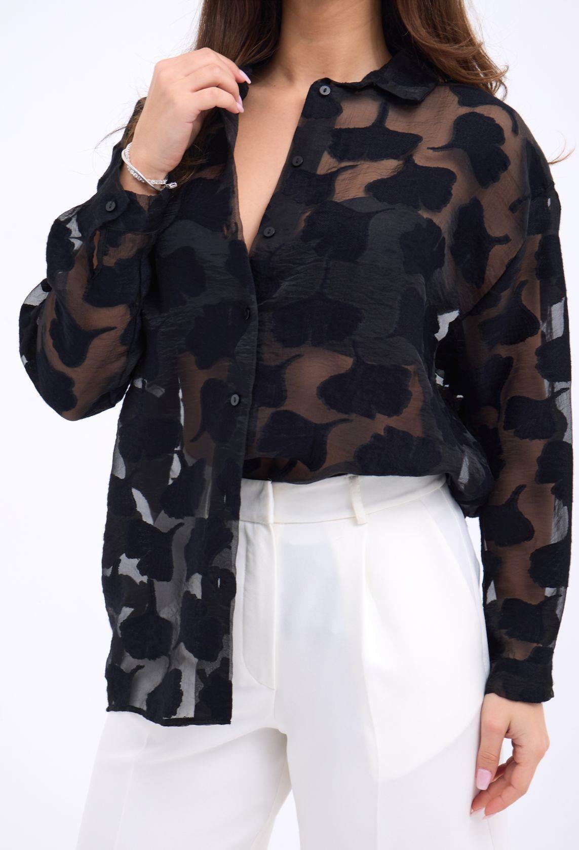 Sheer Black Floral Burnout Blouse with Collar and Long Sleeves - Fame - by Peralane - photo 2