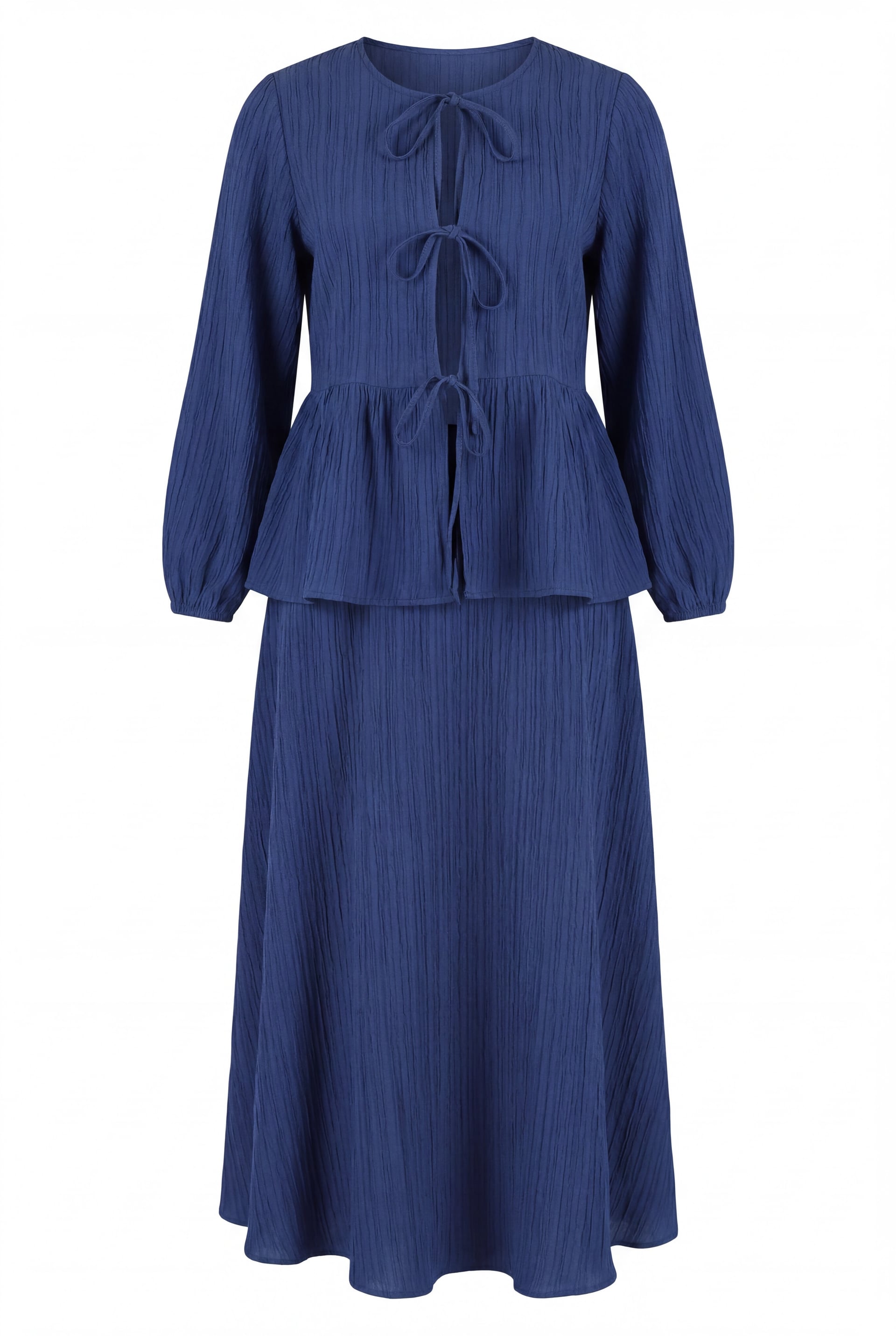 Front Tie Long Sleeve Peplum Top and Maxi Skirt Set in Indigo - Podyumplus - by Peralane - photo 4