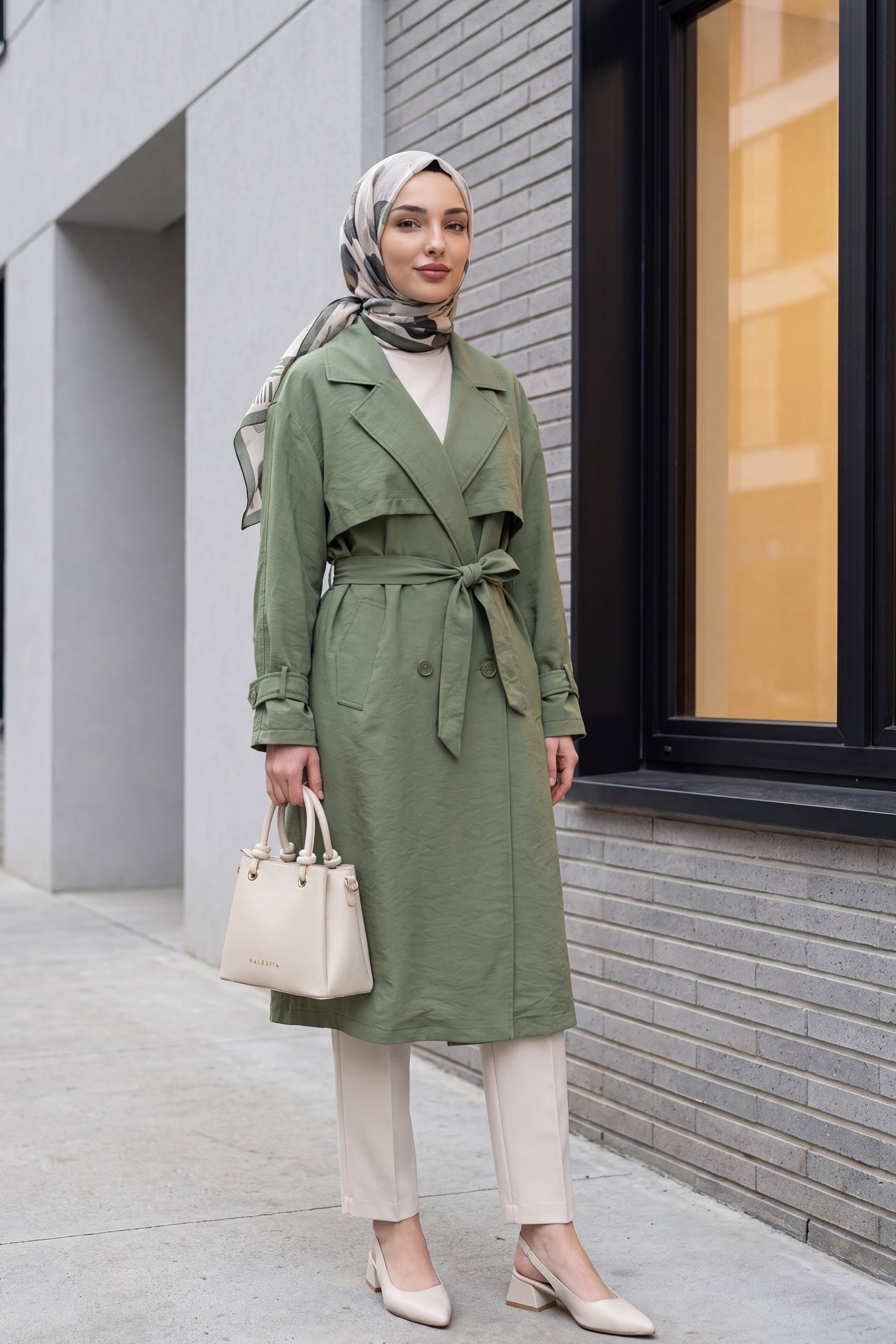 Belted Double-Breasted Trench Coat with Epaulettes and Capelet - Khaki - Podyumplus - by Peralane - photo 2