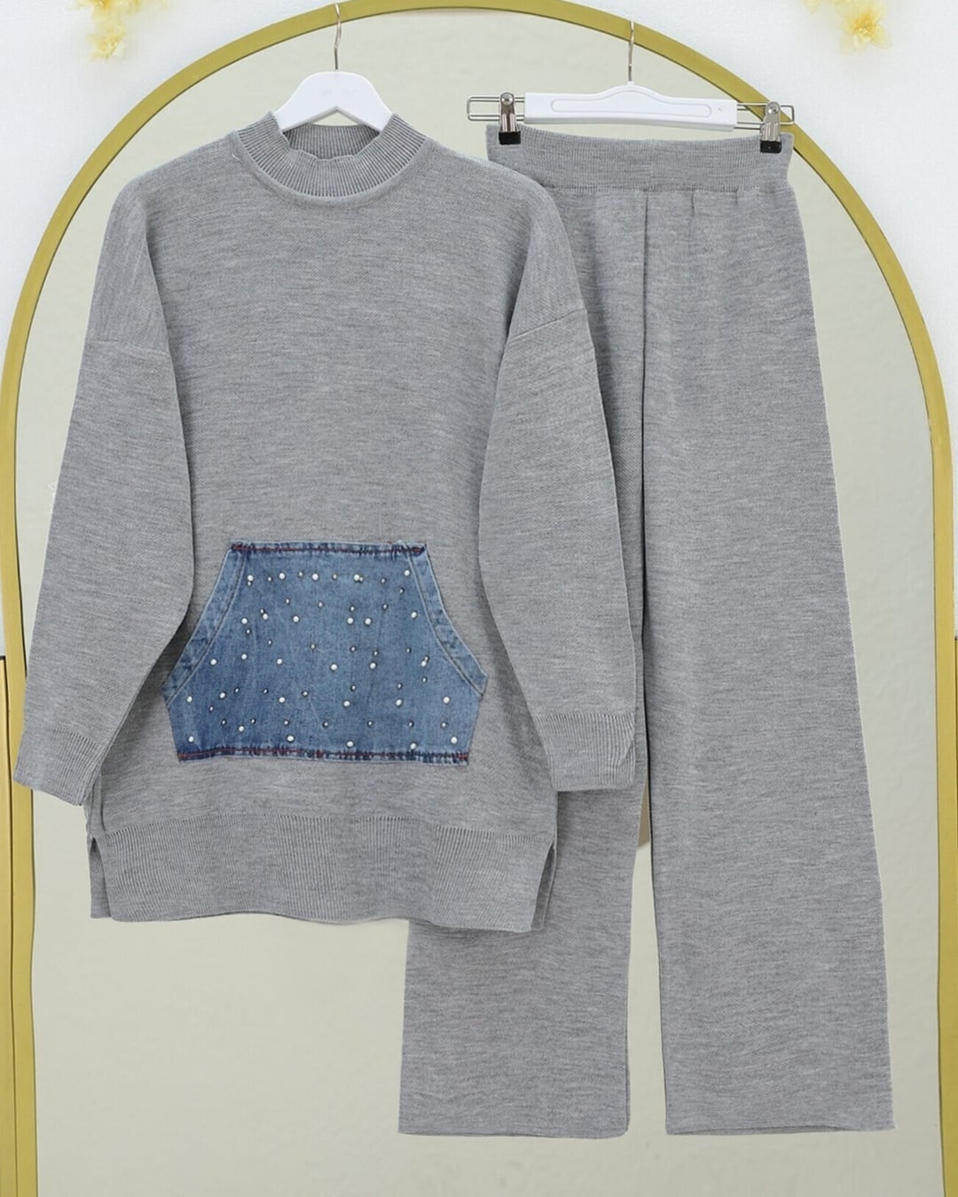 Grey Knit Lounge Set with Denim Pocket and Beaded Detail - Podyumplus - by Peralane - photo 5