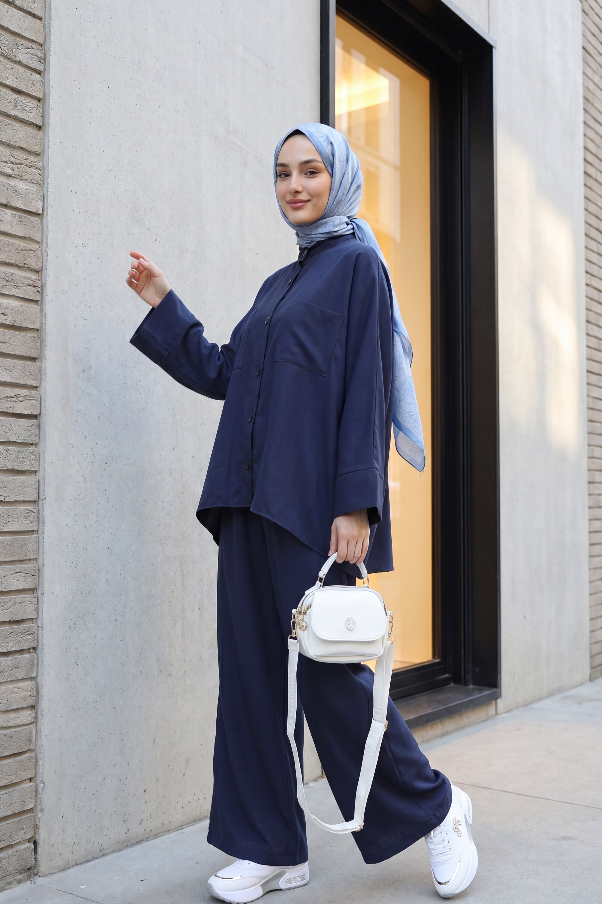 Navy Blue Two-Piece Set with Long-Sleeved Shirt and Wide-Leg Trousers - Podyumplus - by Peralane - photo 4