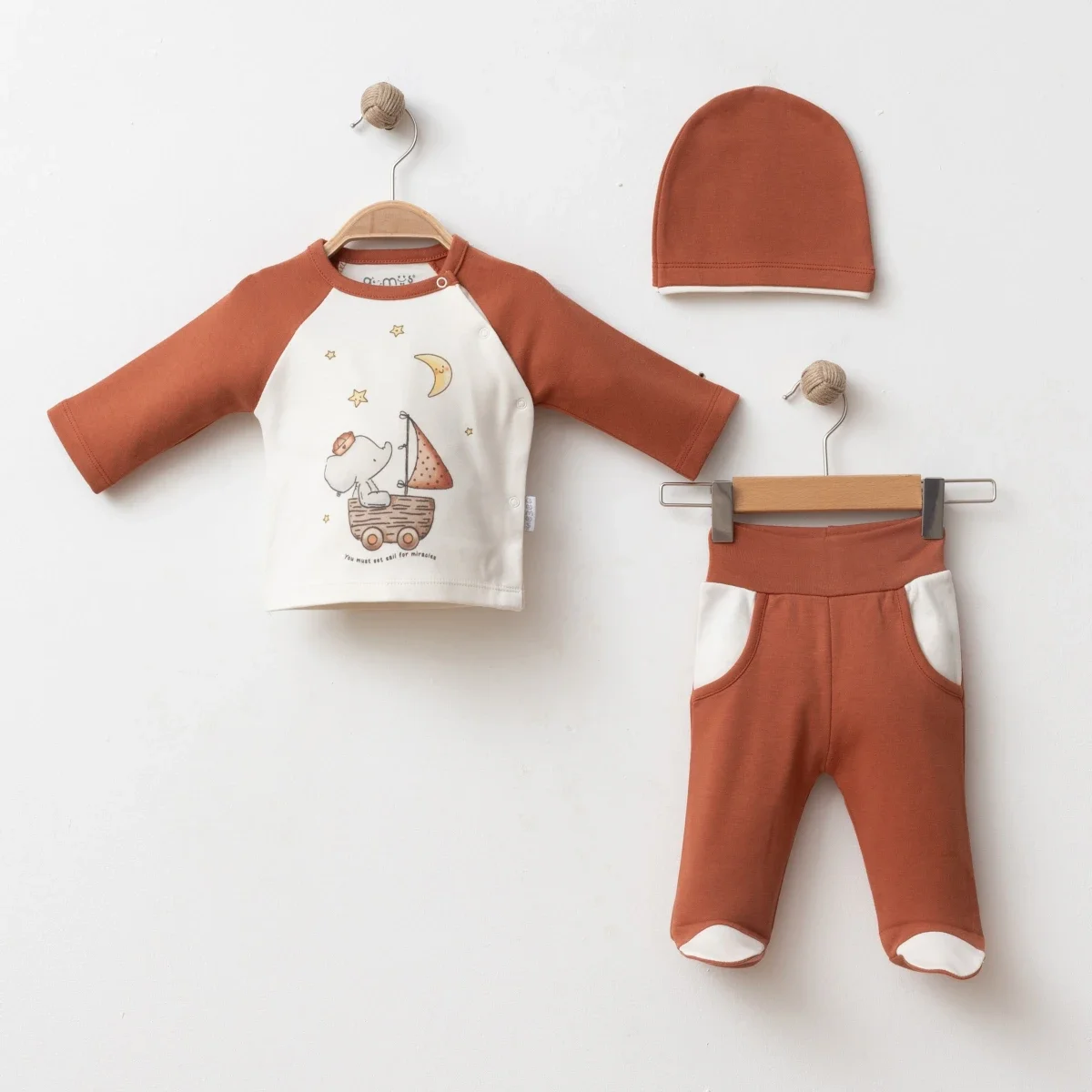 Sailing Elephant 3 Piece Baby Set - Rust - Gumus Baby - by Peralane