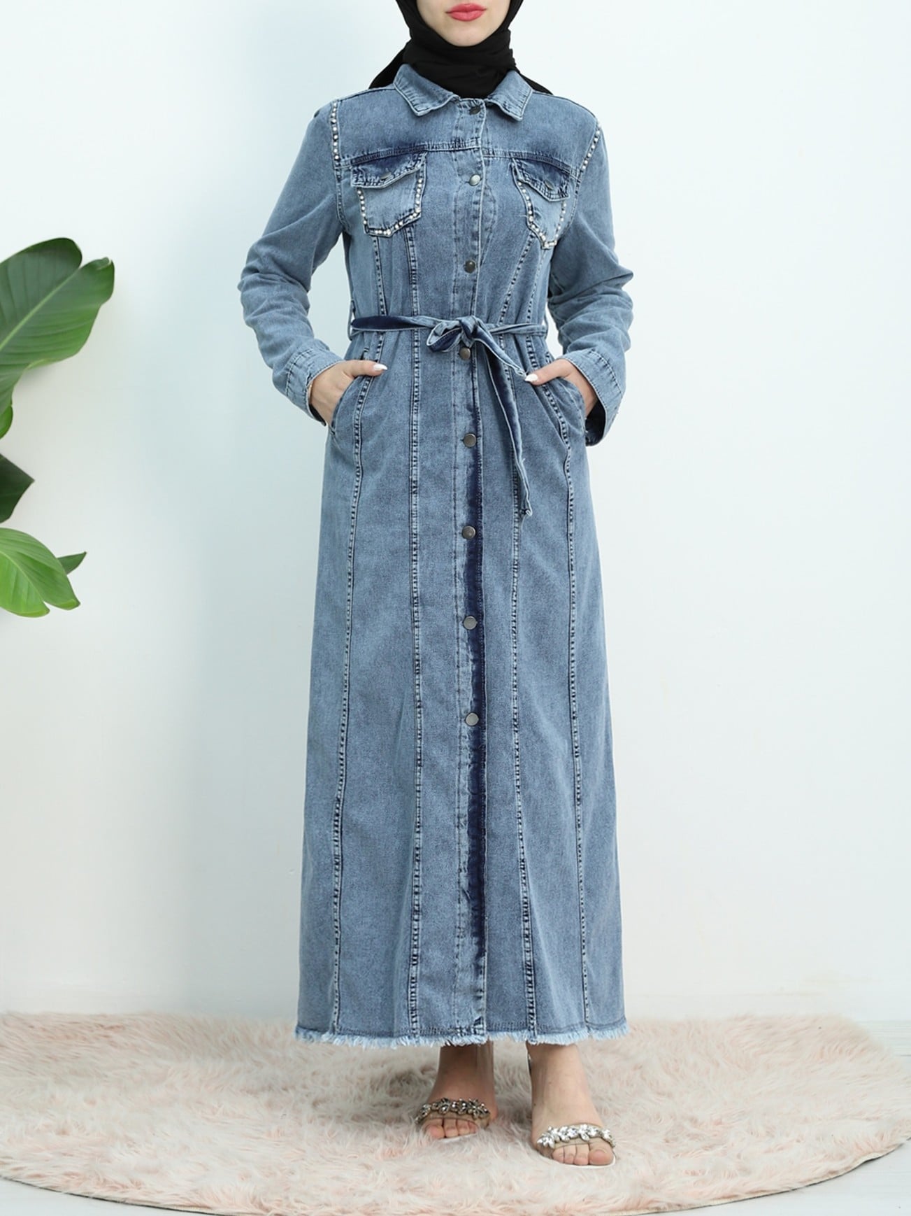 Stone Embroidered Tie-Waist Denim Dress with Pockets - Blue - Podyumplus - by Peralane - photo 2