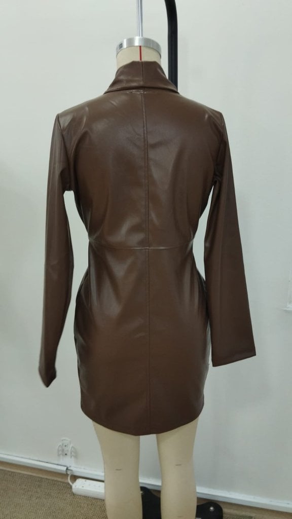Women's Long-Sleeve Wrap Collar Mini Leather Dress with Asymmetric Cut and Buttons, 30857 - Janes - by Peralane - photo 5