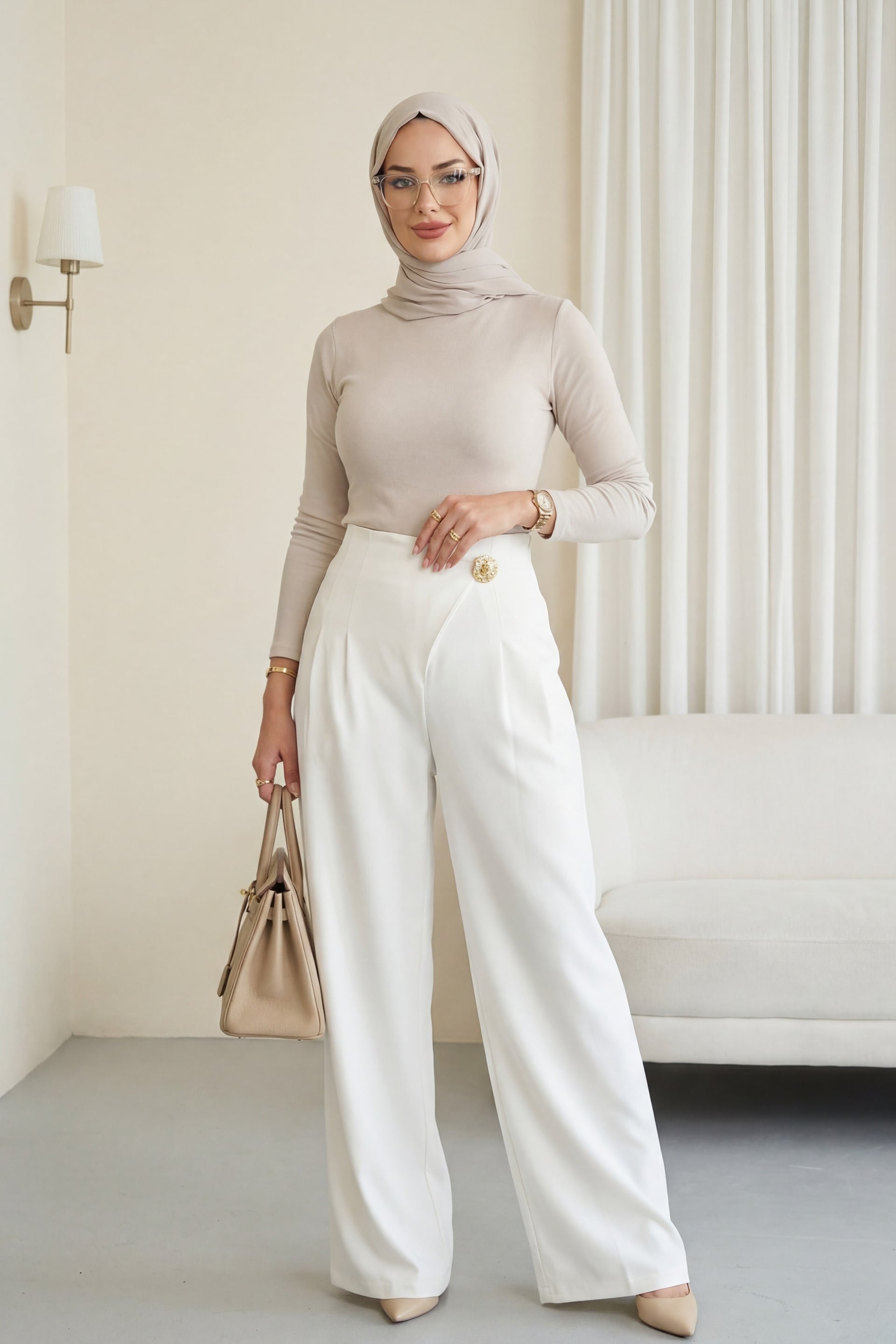 White Wide-Leg Crepe Trousers with Side Zipper and Brooch Detail - Podyumplus - by Peralane - photo 3