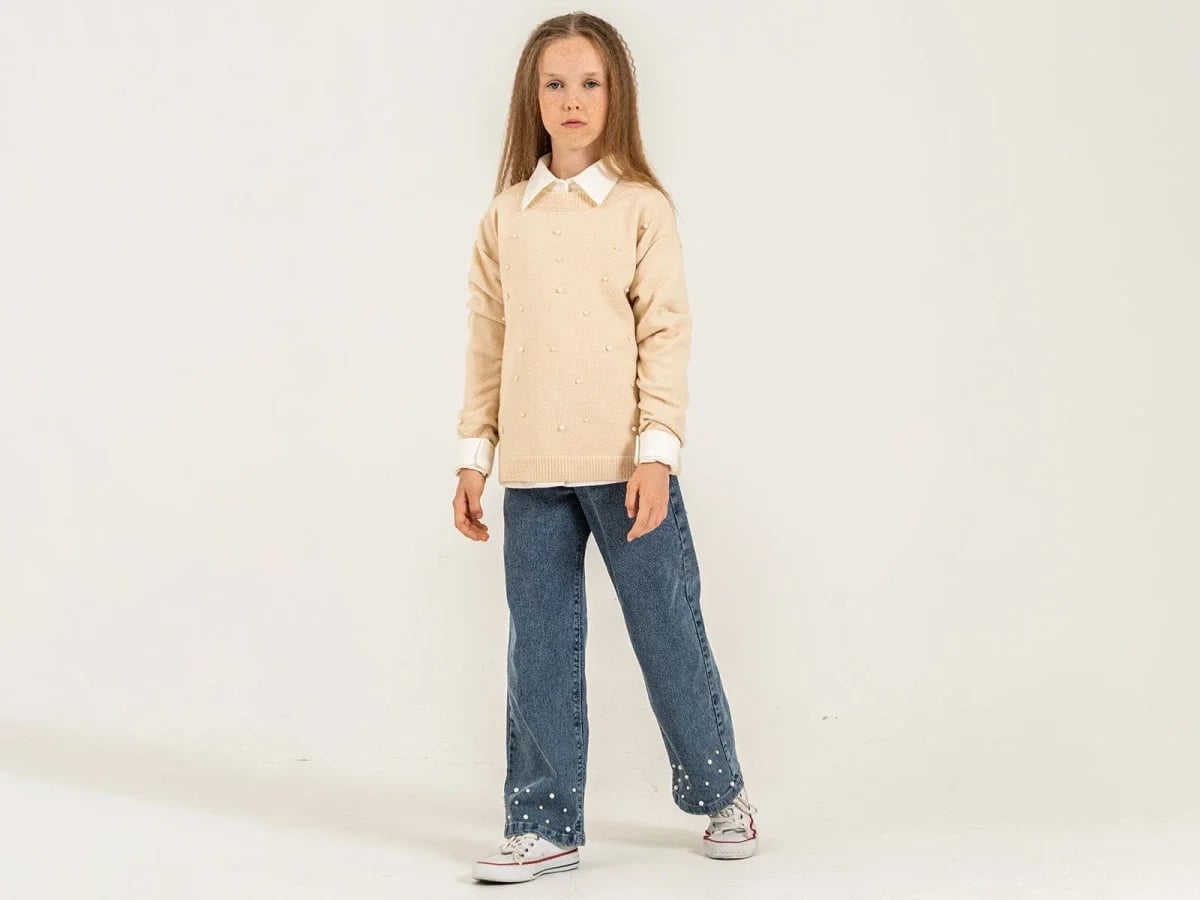 Pearl Detail Knit Sweater and Denim Jeans Set for Girls - Pampal Kids - by Peralane
