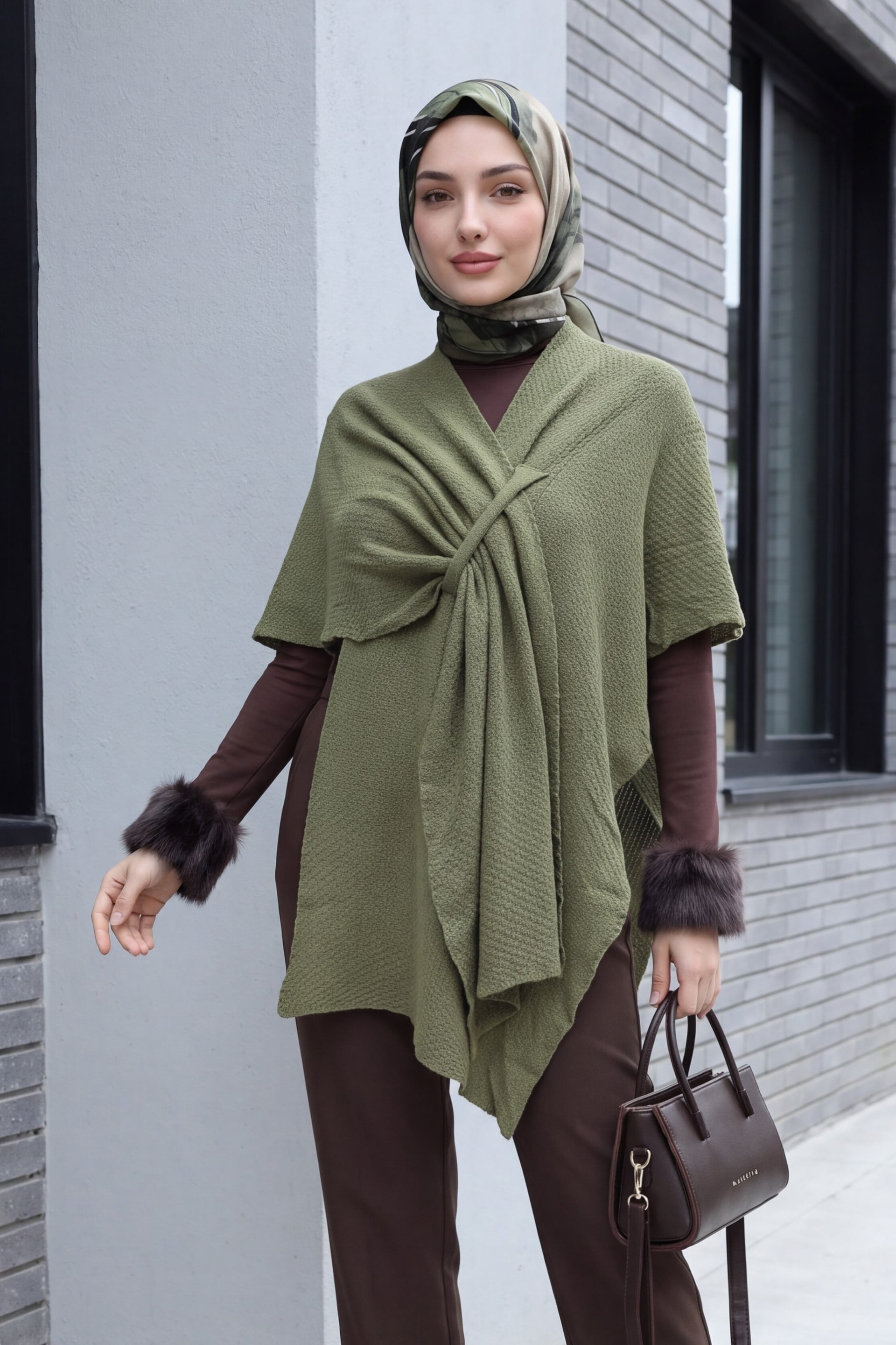 Olive Green Slouchy Knit Poncho Cardigan - Podyumplus - by Peralane - photo 6