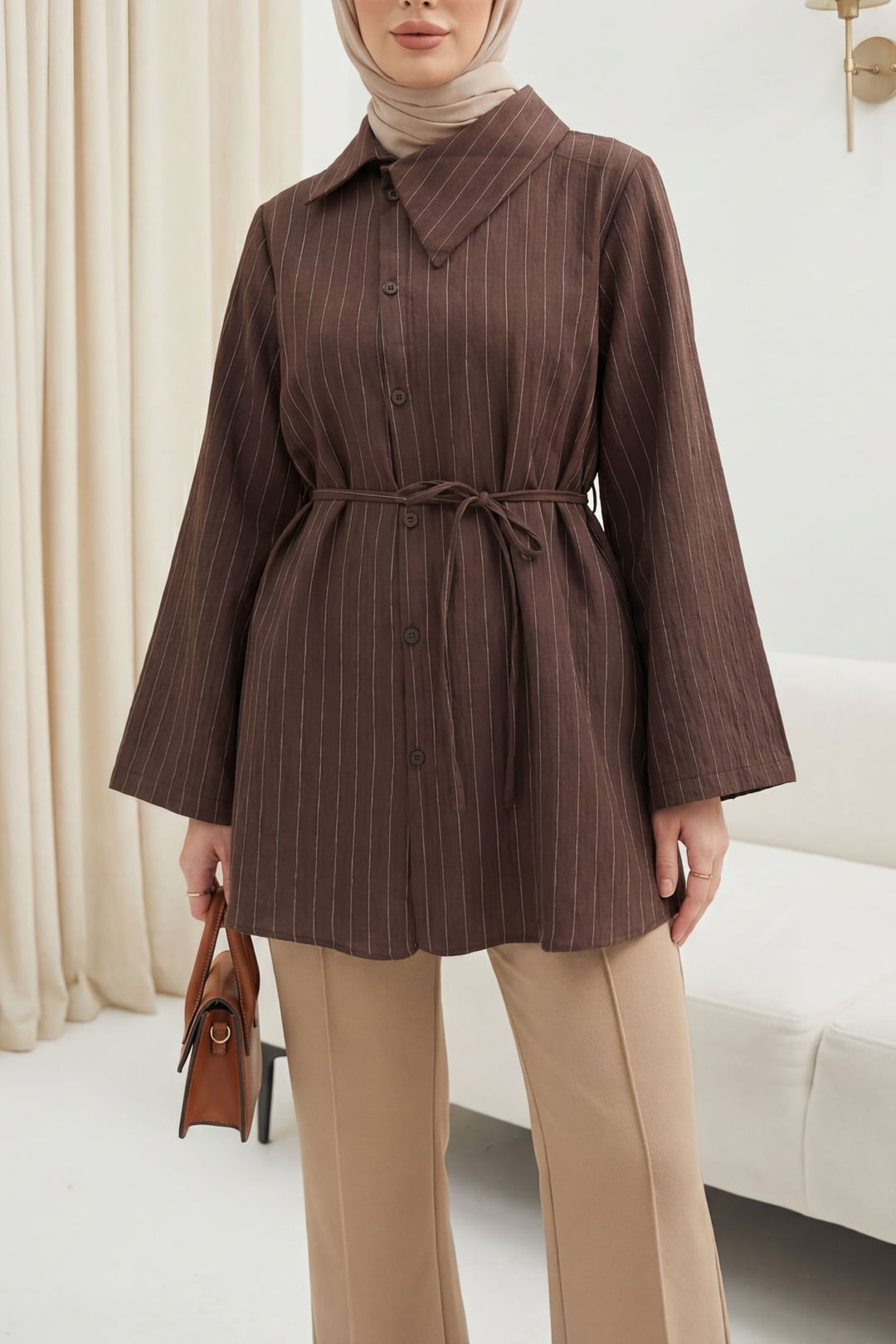 Women's Crinkle Pinstripe Side-Collar Blouse with Tie Belt - Brown - Podyumplus - by Peralane