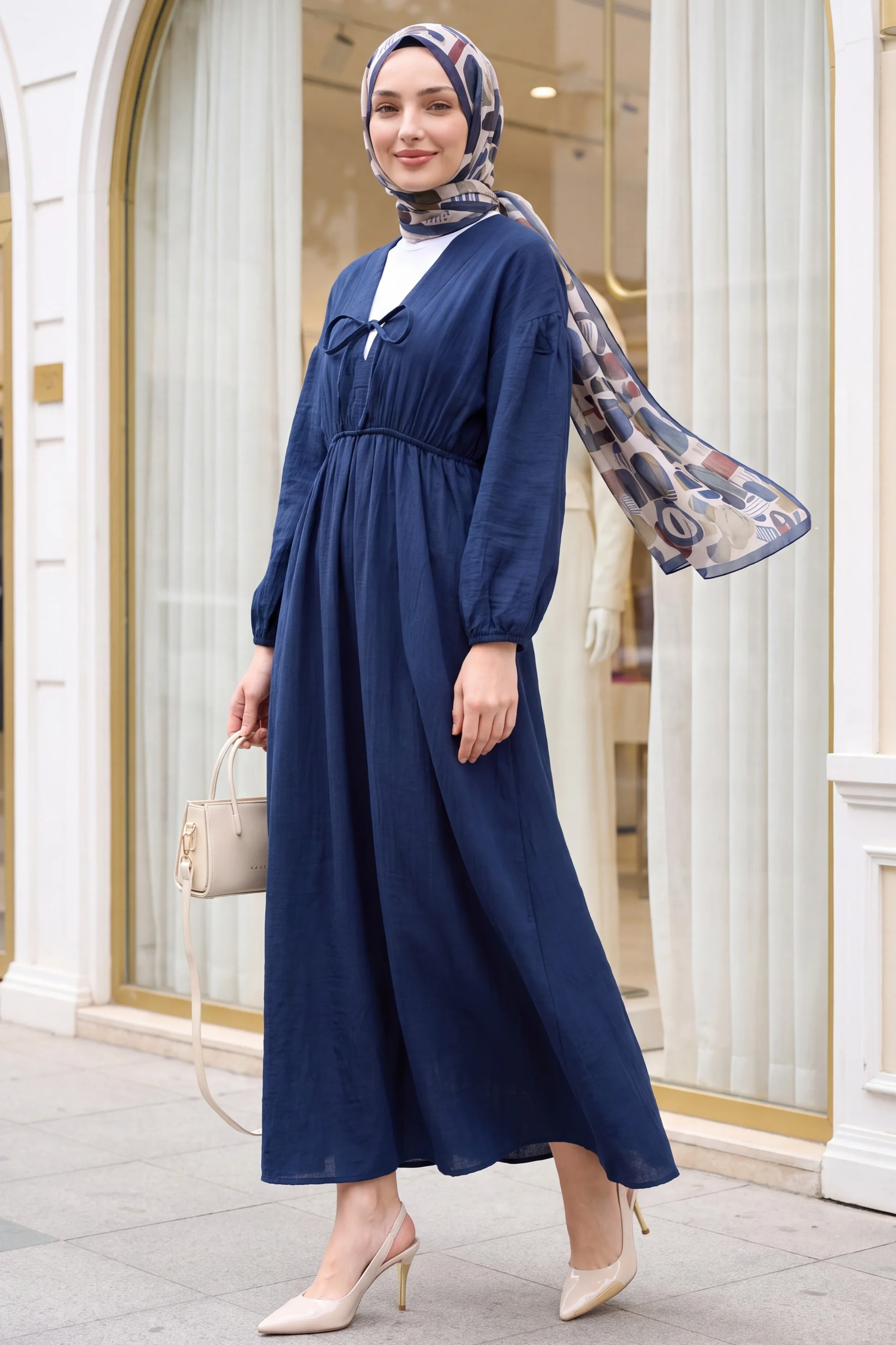 Navy Blue Tie-Front Long-Sleeve Muslin Midi Dress with Elasticated Waist - Podyumplus - by Peralane - photo 5