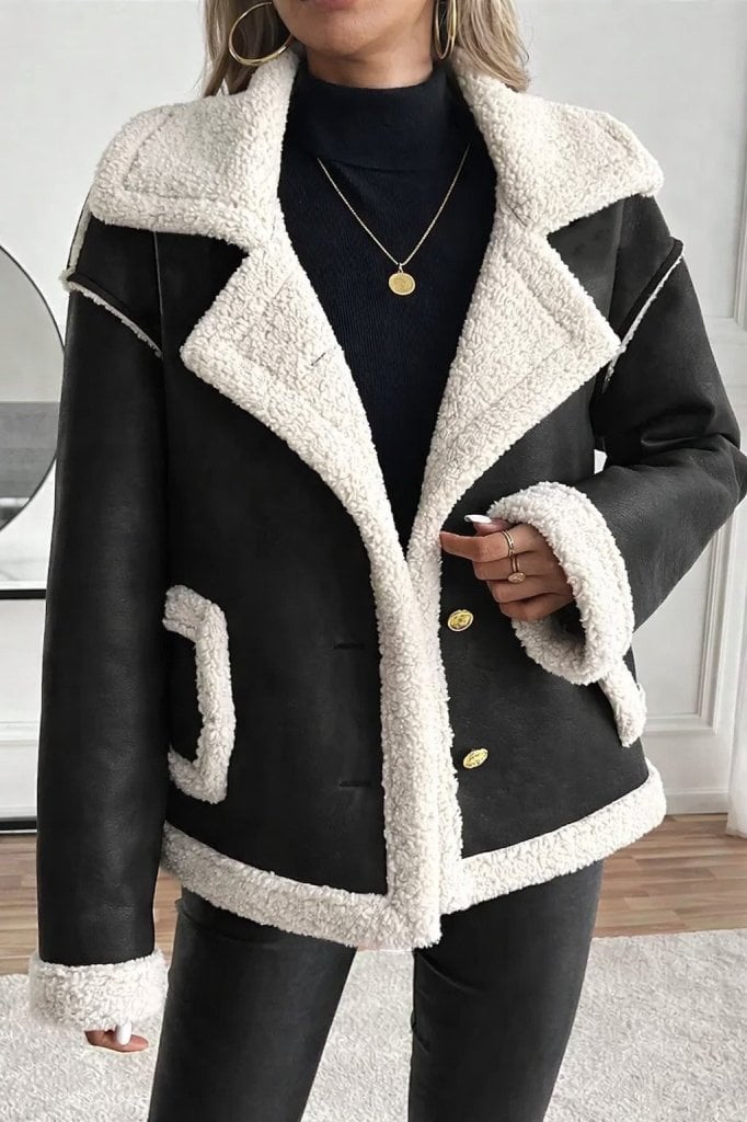 Women's Black Faux Leather Jacket with Sherpa Trim and Button Front - Janes - by Peralane